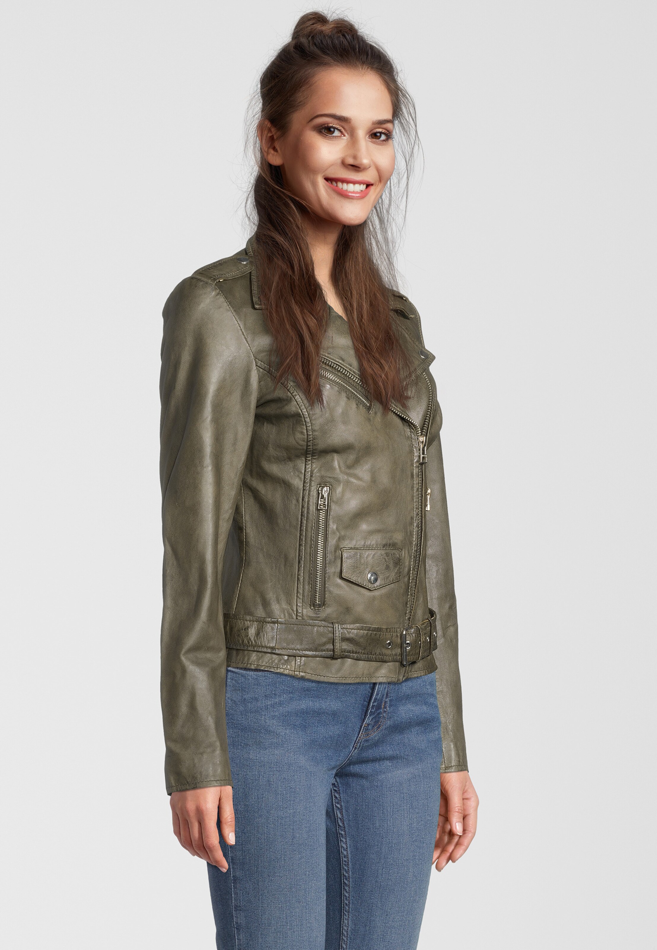 Frauen Große Größen Goosecraft Lederjacke GC Pearl biker in Grün - XM46474 Frauen Große Größen Goosecraft Lederjacke GC Pearl biker in Grün - XM46474