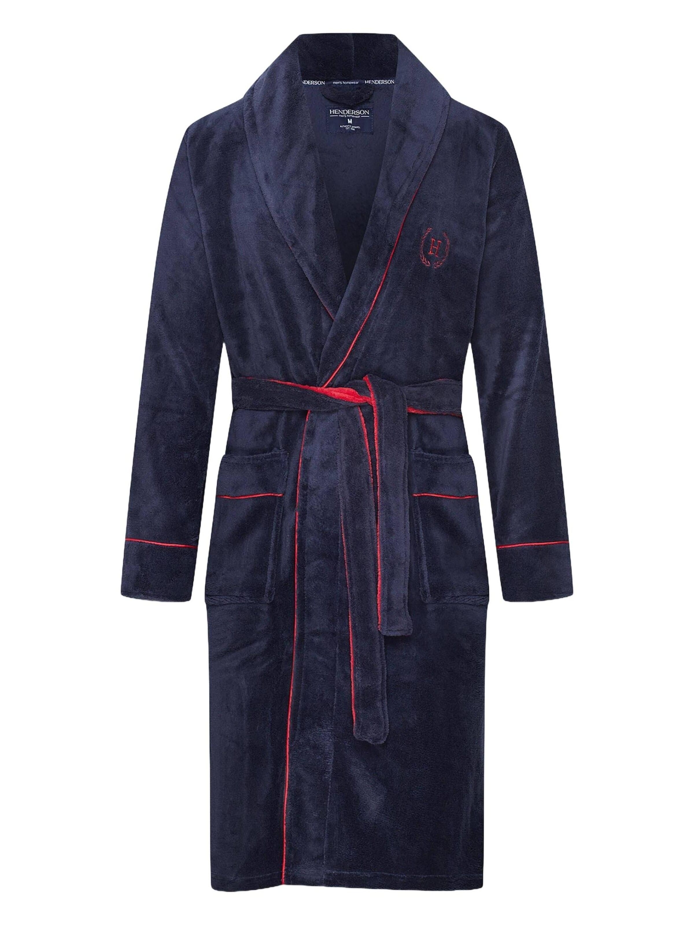 Henderson Short Bathrobe 'Fleece-Bademantel mit Logoapplikation und Bindegürtel Got L' in Blue: front