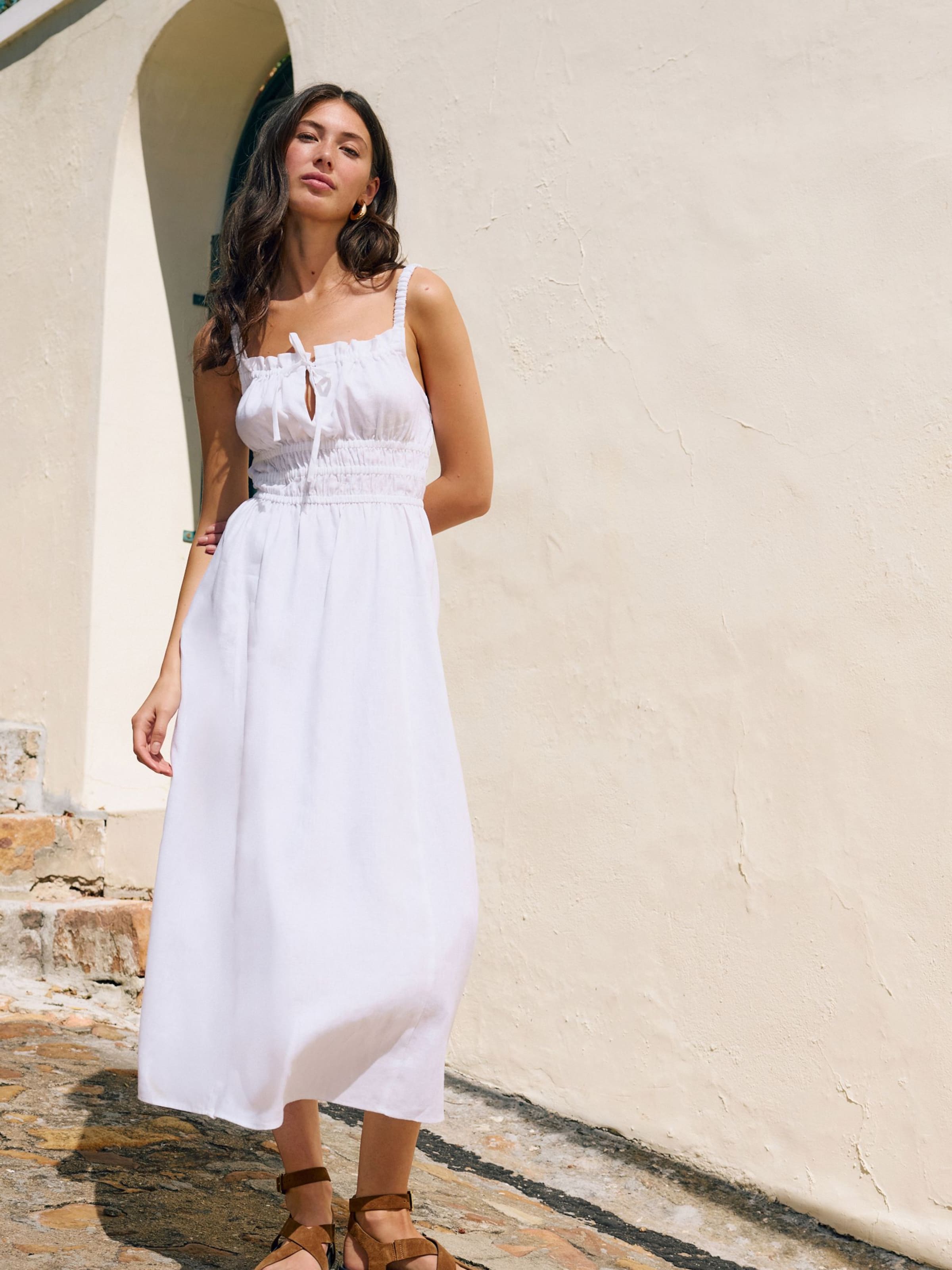 cotton linen dresses Backless Tied Sphaghetti Straps Cotton Linen Long Dress for Sustainable Looks - Apricot - XS