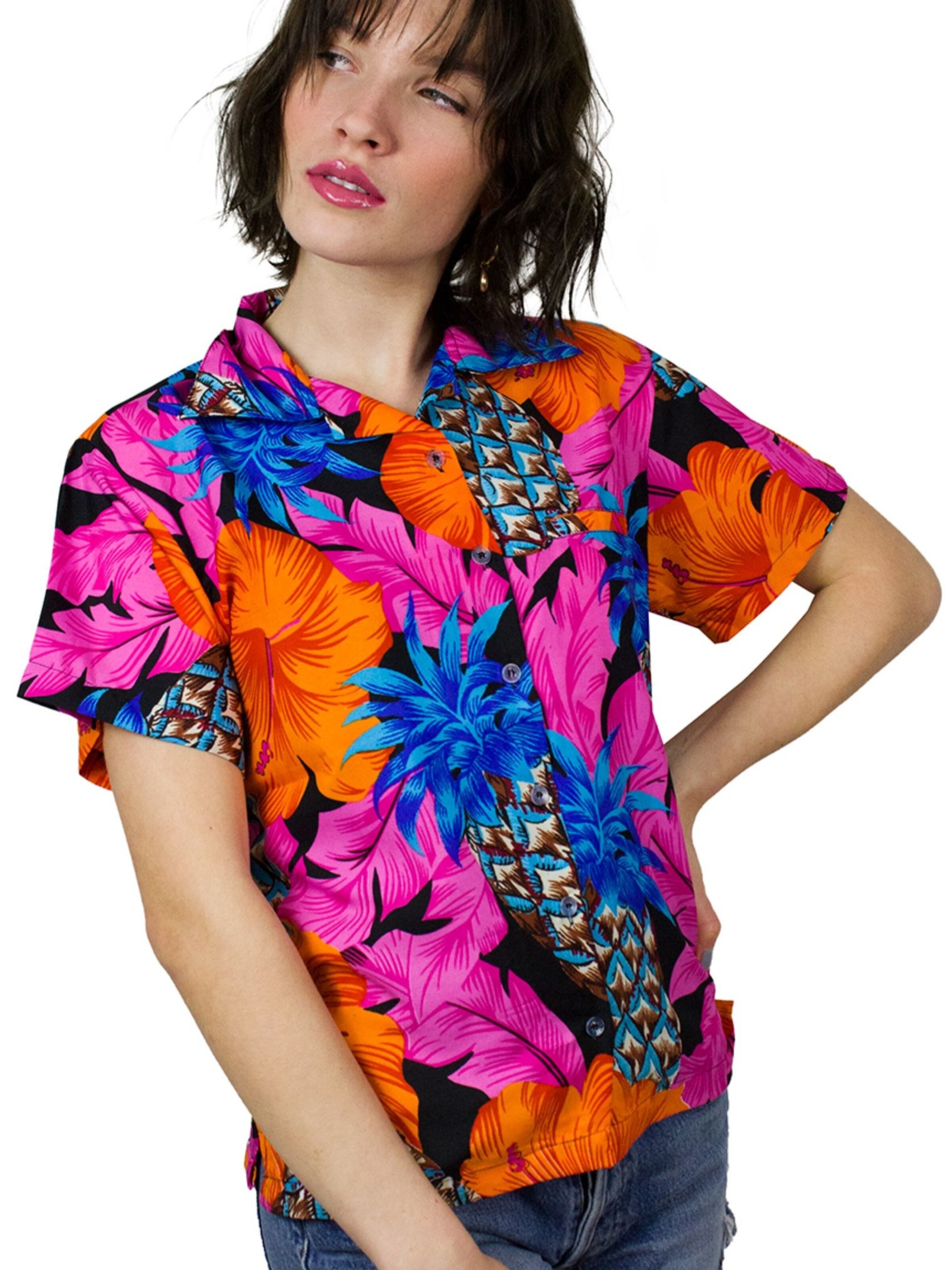 King Kameha Bluse 'Pineapple Hibiscus Black Line'‌‌‌‌ in Pink