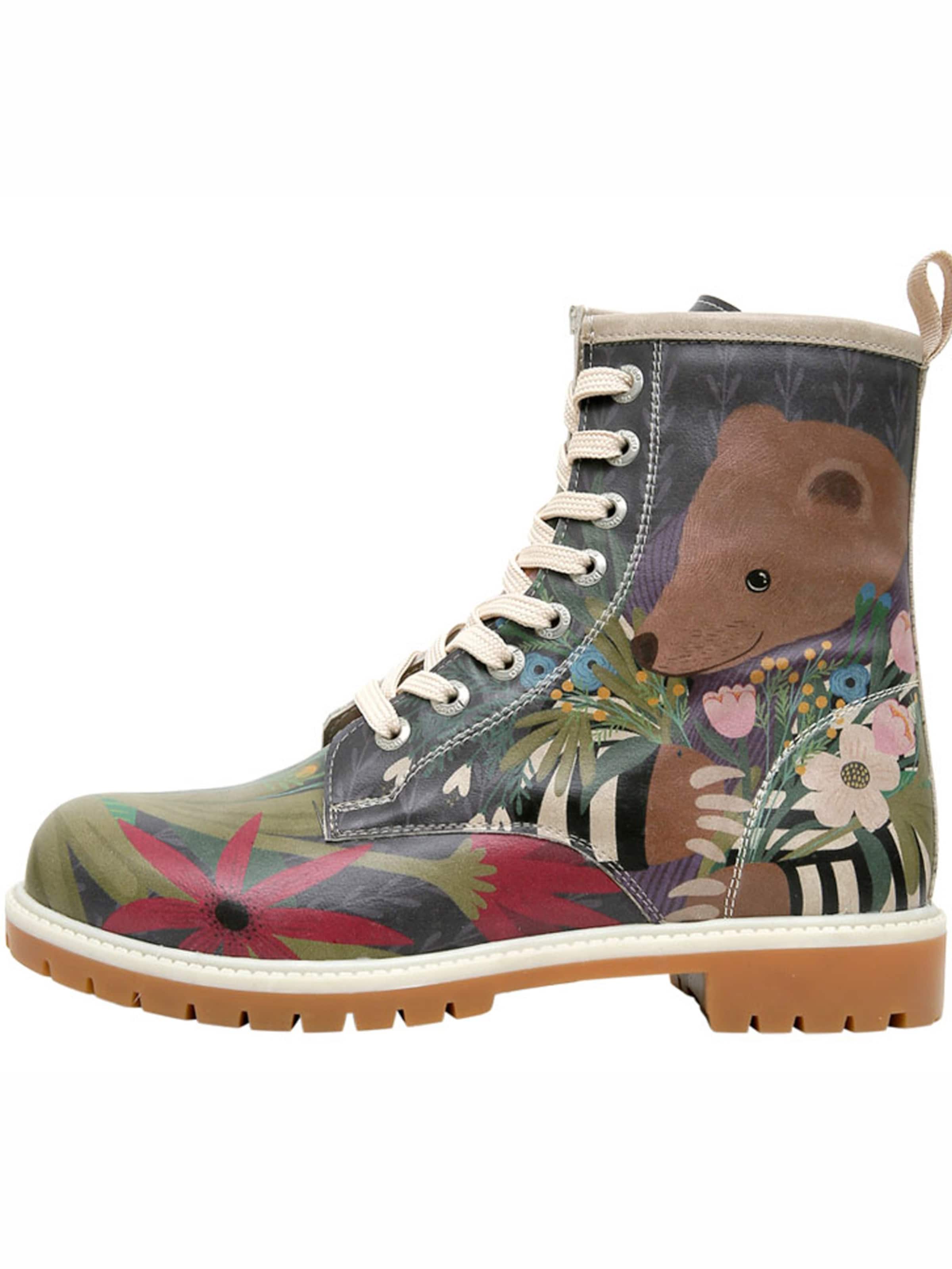 DOGO Schnürstiefel 'Bear and Flowers'‌‌‌‌‌‌‌‌‌‌ in Beige: Vorderseite