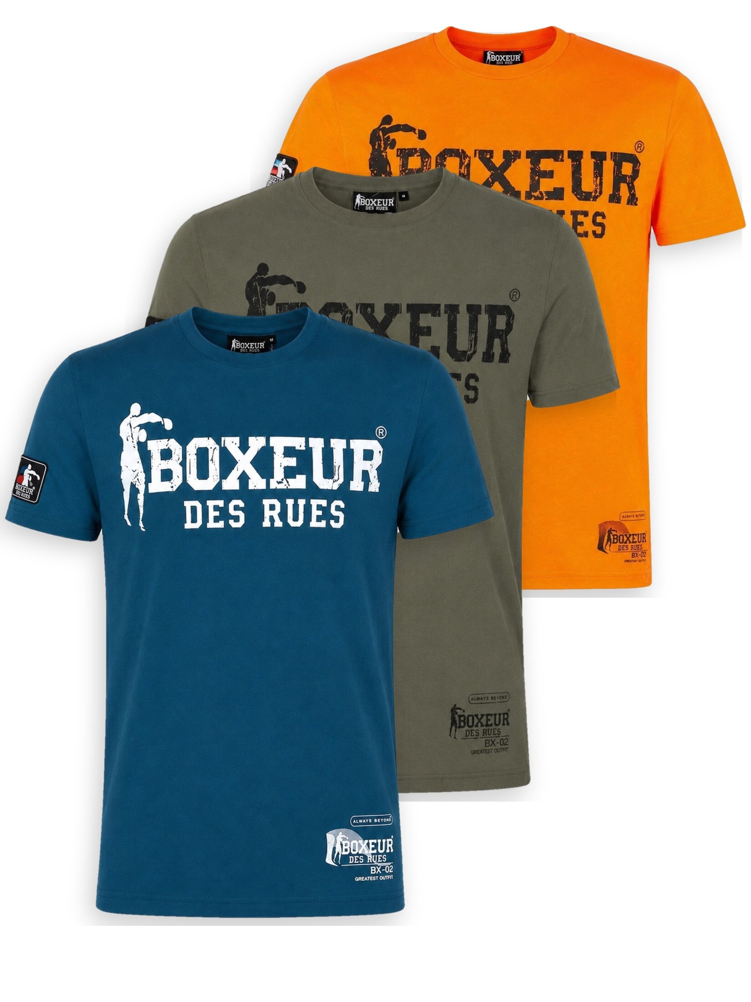 Boxeur des Rues Shirt 'Herren T-Shirt 3er-Pack Boxeur des Rues Slim Fit: Blau, Weißes Logo + Oliv, Schwarzes Logo + Orange, Schwarzes Logo'‌‌‌‌‌‌‌‌‌ in Mischfarben: Vorderseite