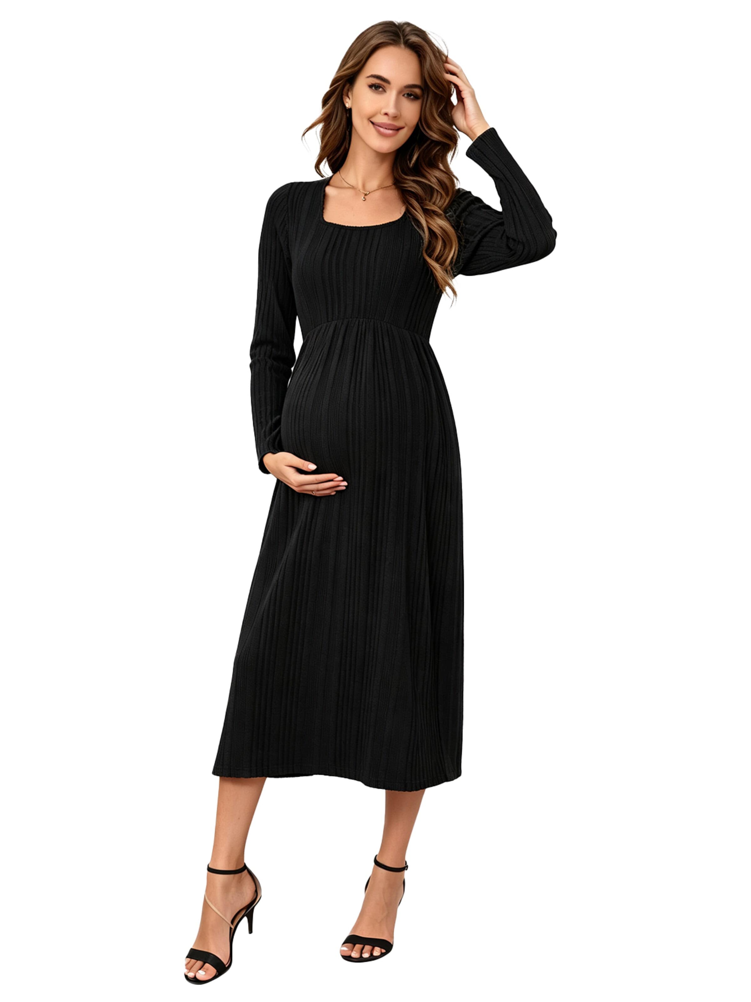 KoJooin Sukienka z dzianiny 'Damen Umstands-Strickkleid mit U-Ausschnitt,langen Ärmeln und Rüschensaum,Midi-Kleid für Babyshower' w kolorze czarny