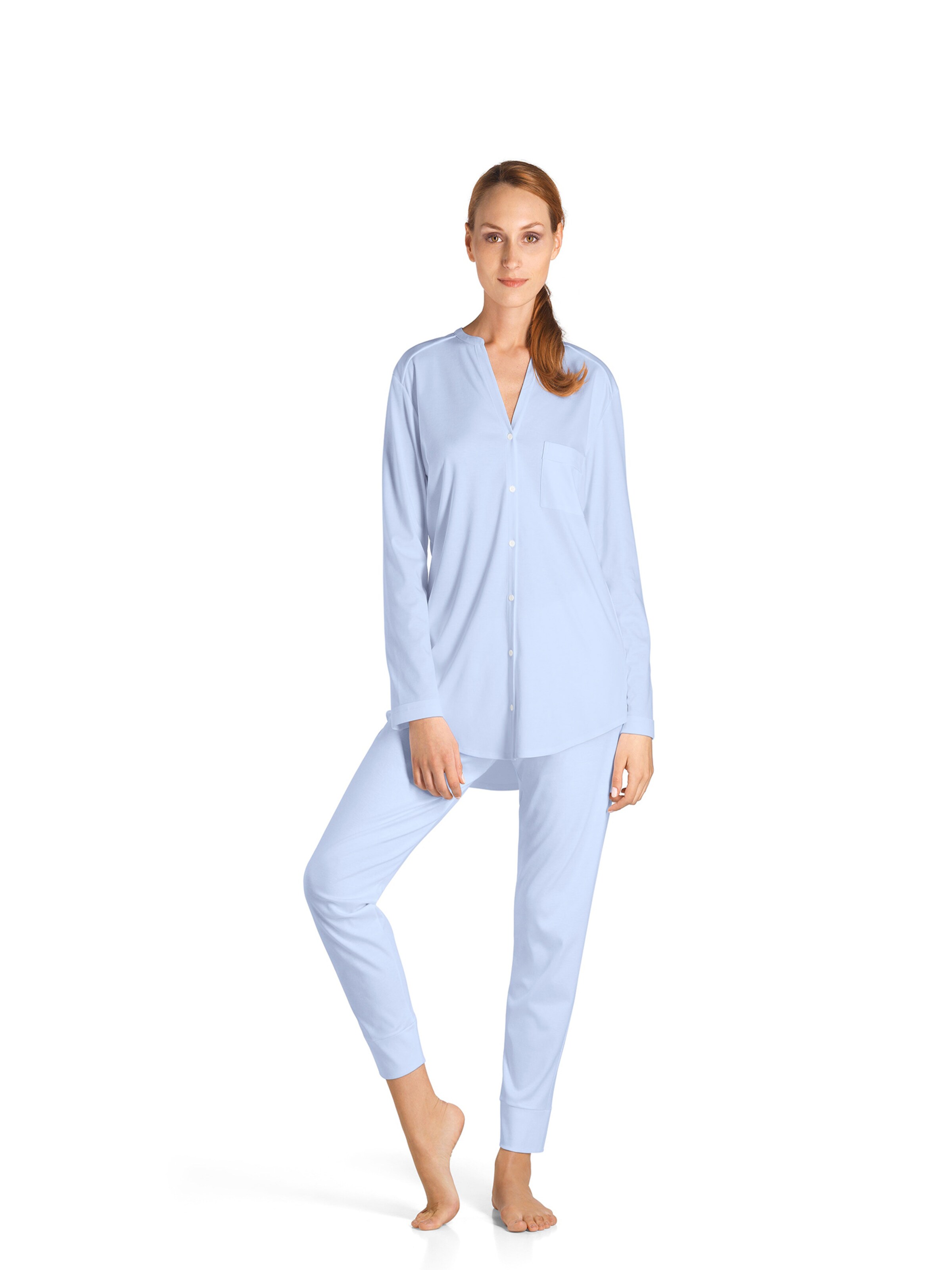 Hanro Langarm Pyjama ' Pure Essence ' in Blau: Vorderseite
