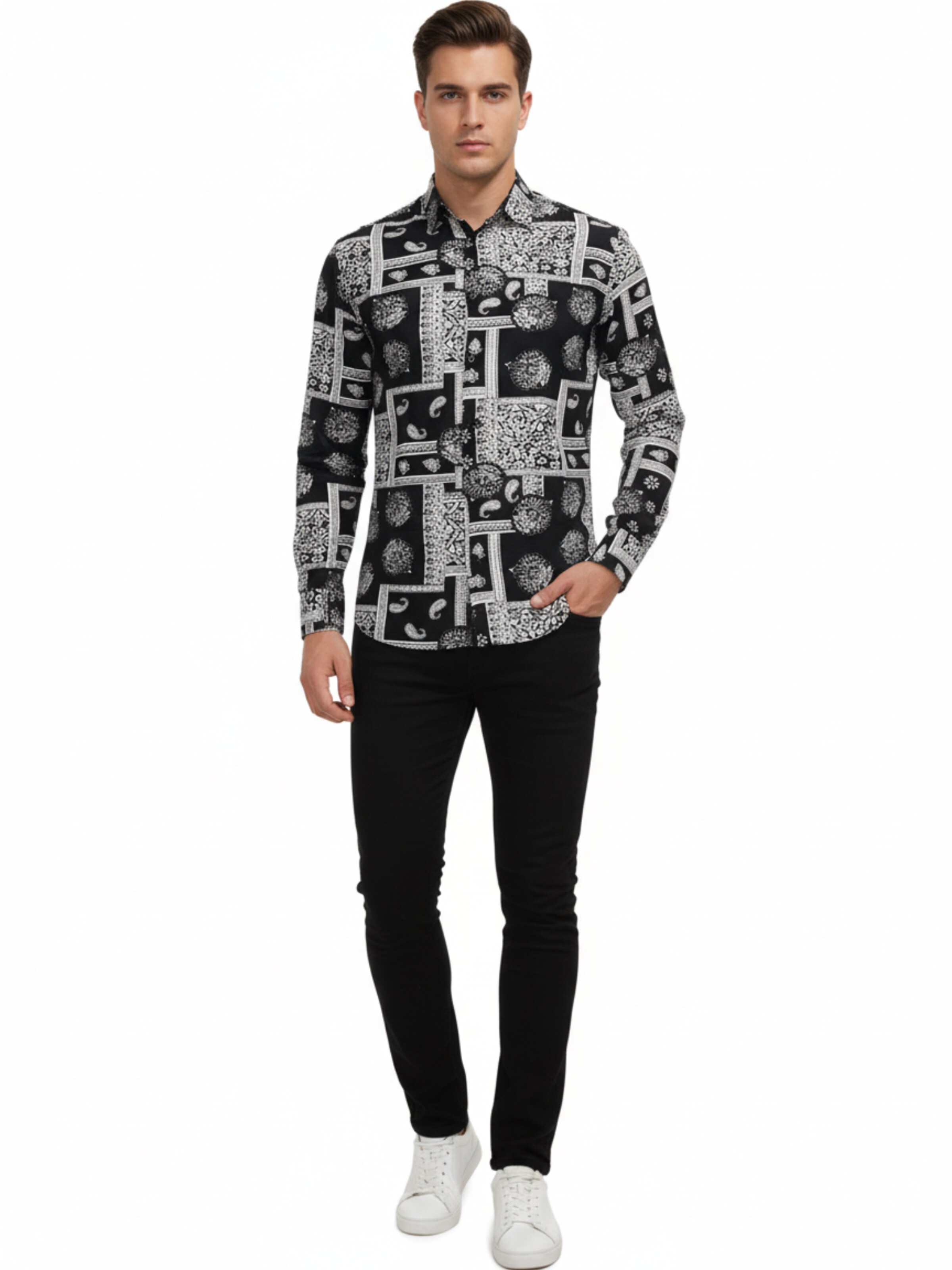 Radwa Regular fit Button Up Shirt 'Men's Viscose multicolor pattern shirt' in Black