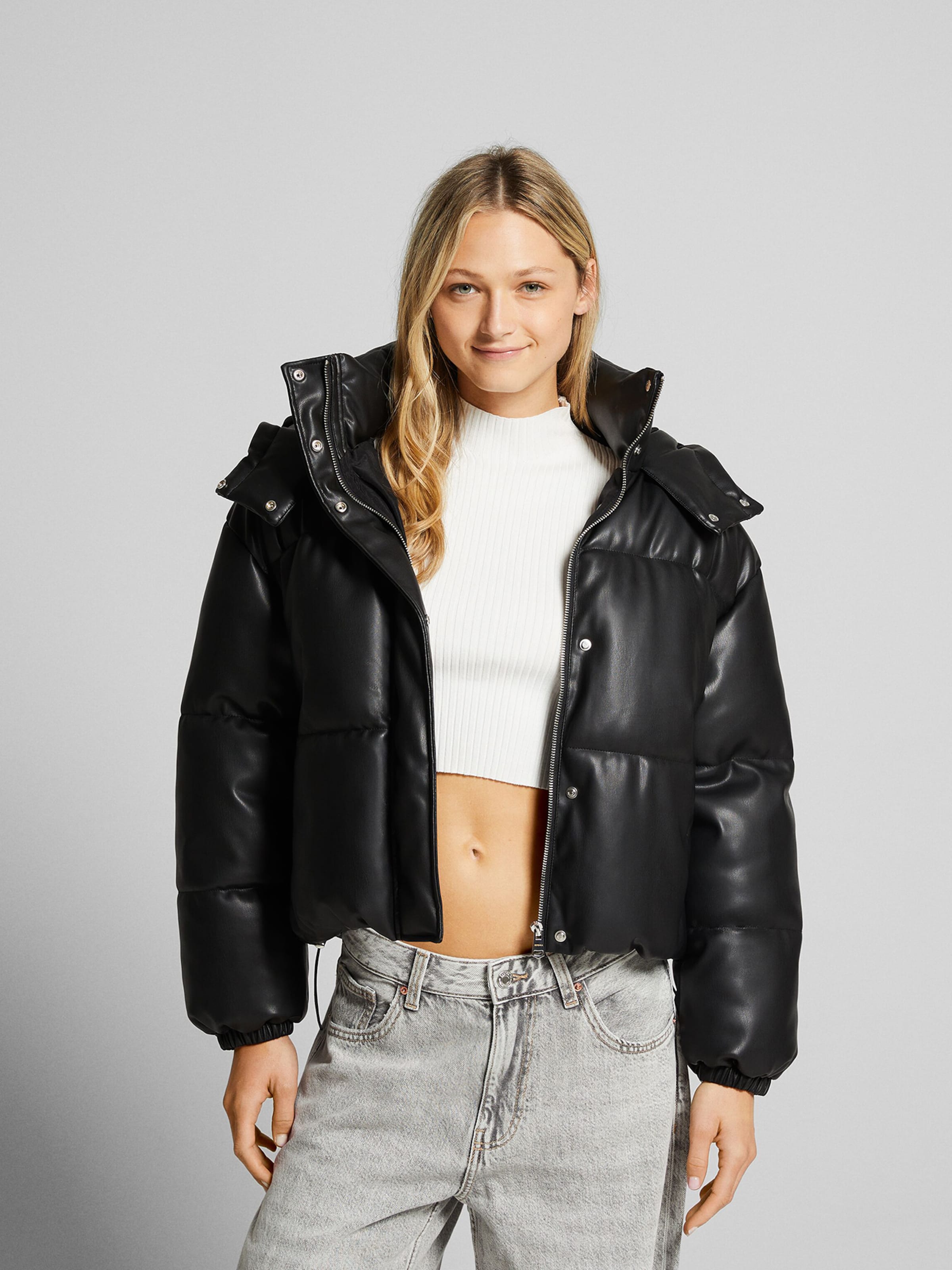 Bershka puffer jacket with hood hot sale in black