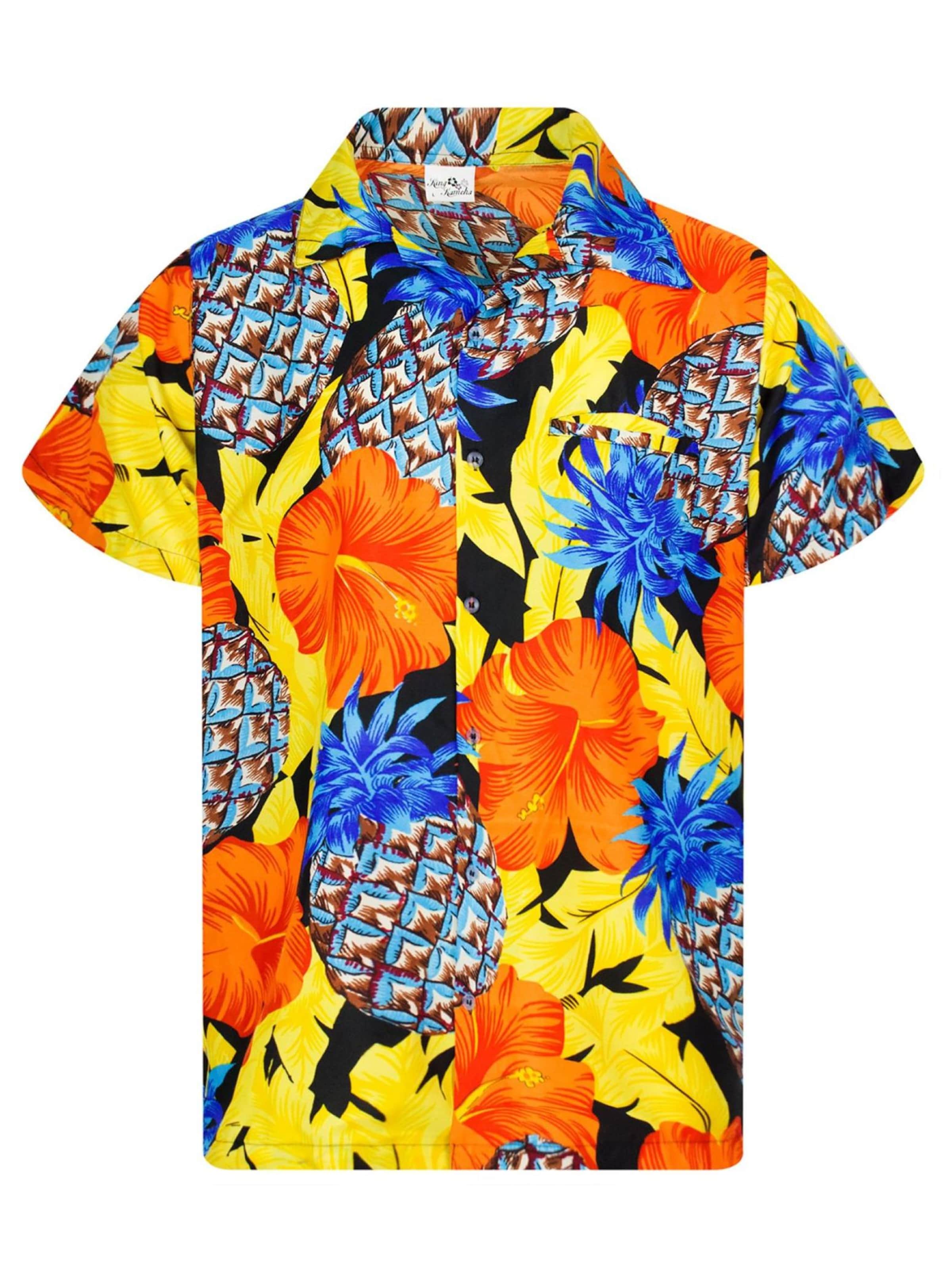 King Kameha Shirt 'Pineapple Hibiscus Black Line' in Geel: voorkant