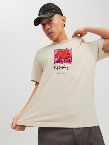 JACK & JONES Тениска 'Keith Haring' в бежово