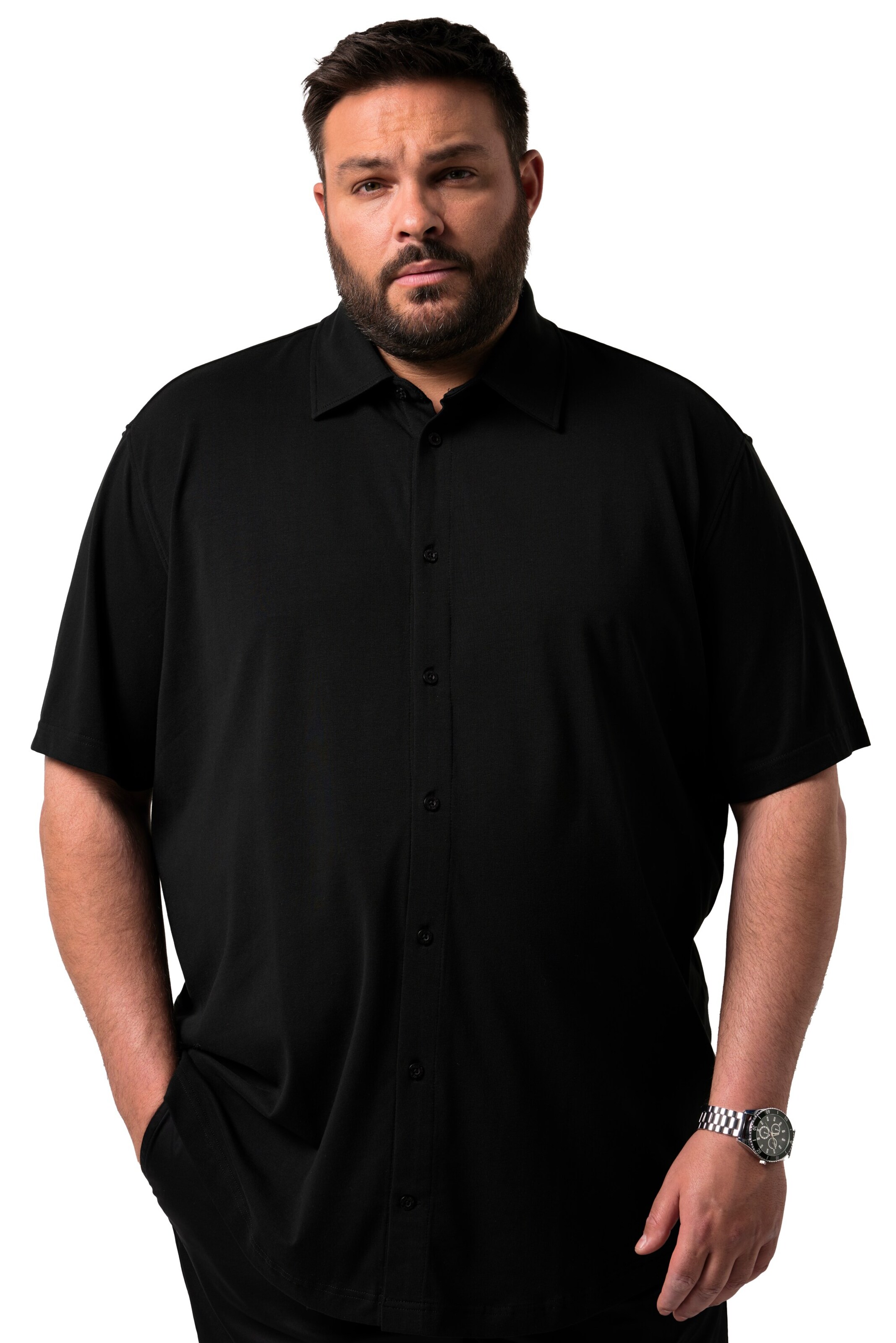 Men Plus Comfort fit Overhemd in Zwart: voorkant