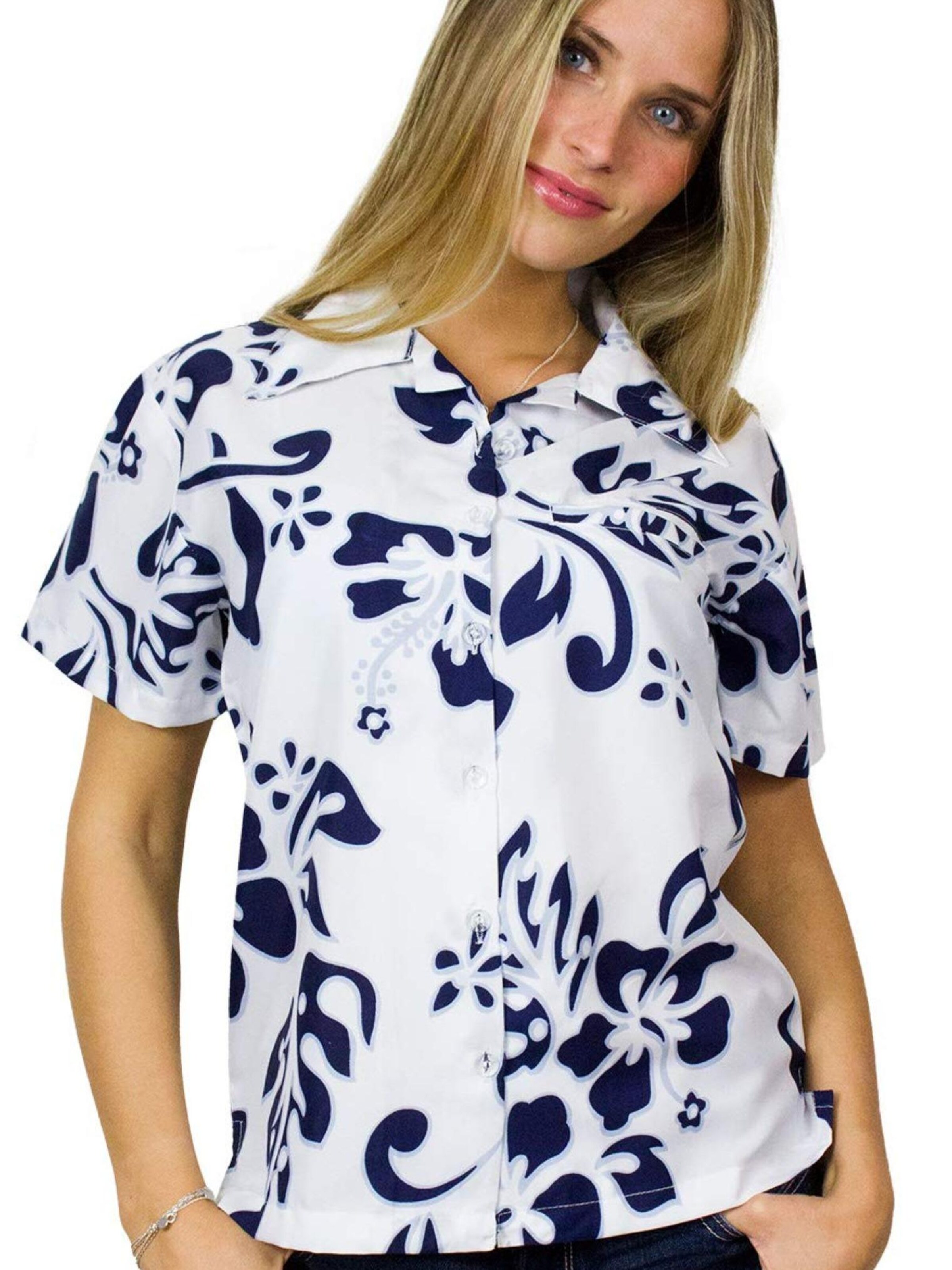 King Kameha Blouse 'Hibiscus White Line' in Blue: front