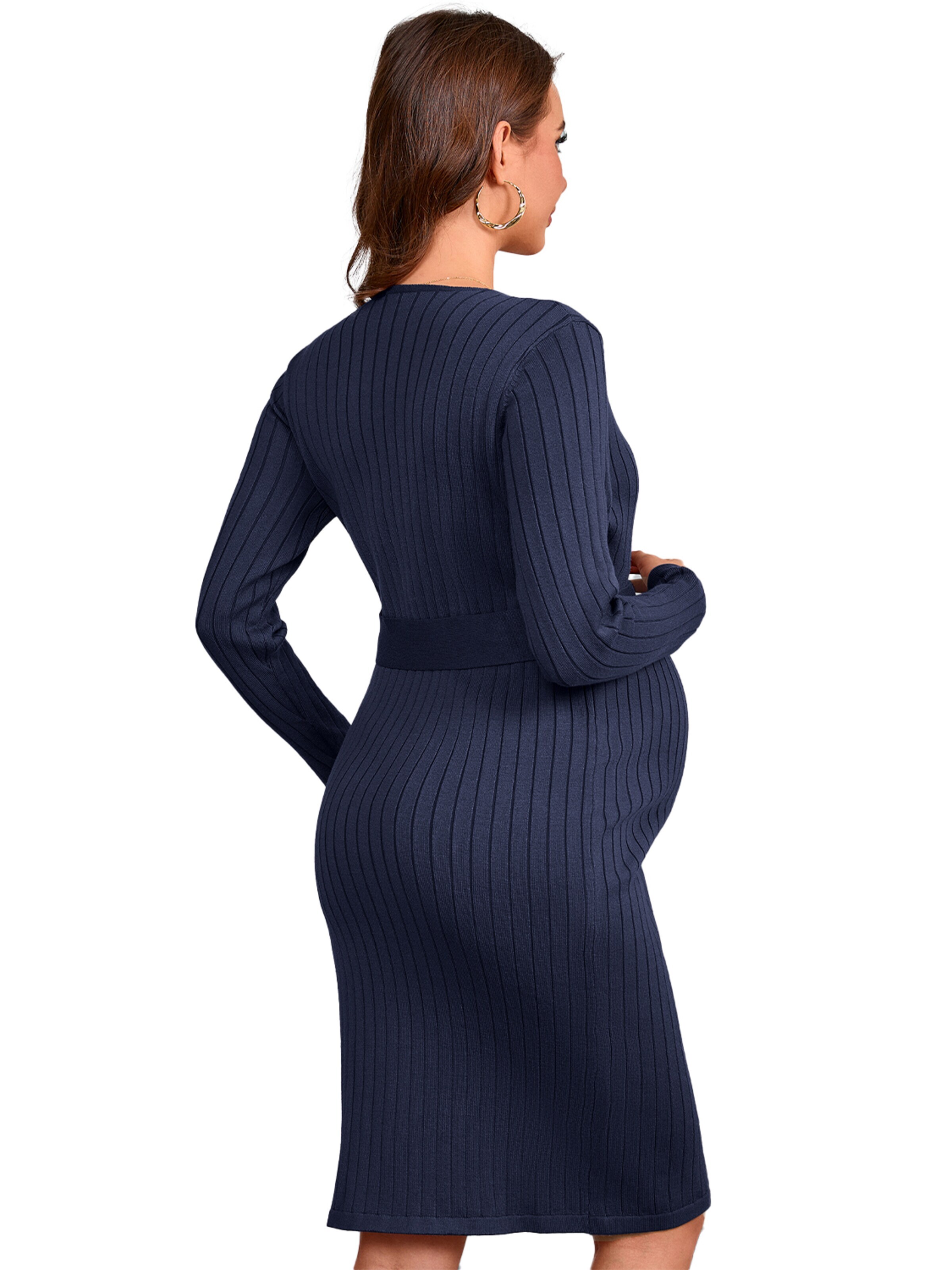 KoJooin Sukienka 'Umstandsstrickkleid mit V-Ausschnitt,Langarm und Taillengürtel – Bequemes Rippstrick-für Schwangere' w kolorze niebieski