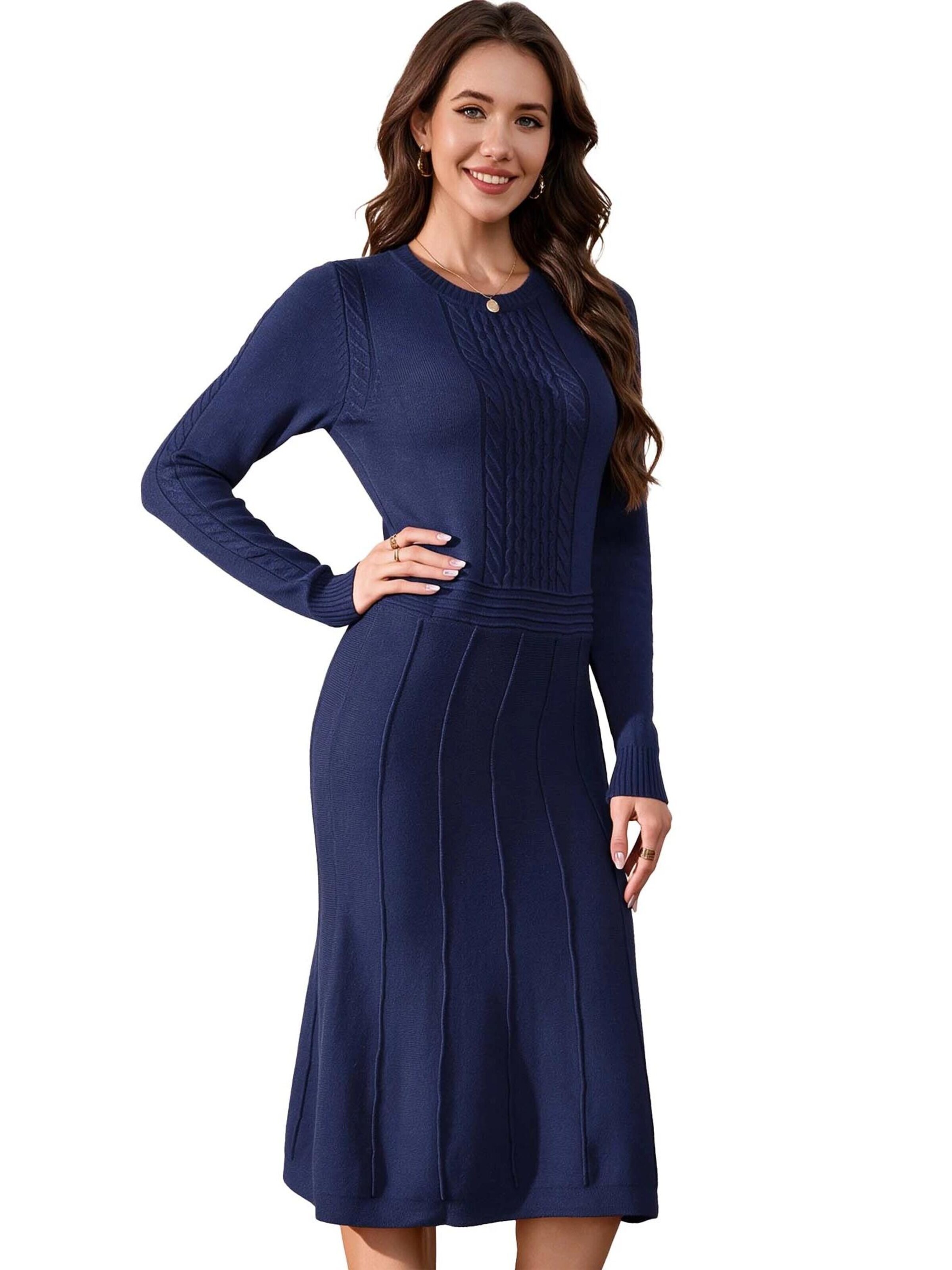 KoJooin Sukienka z dzianiny 'Damen-Rippstrickkleid in Midi-Länge mit Rundhalsausschnitt und langen Ärmeln' w kolorze niebieski