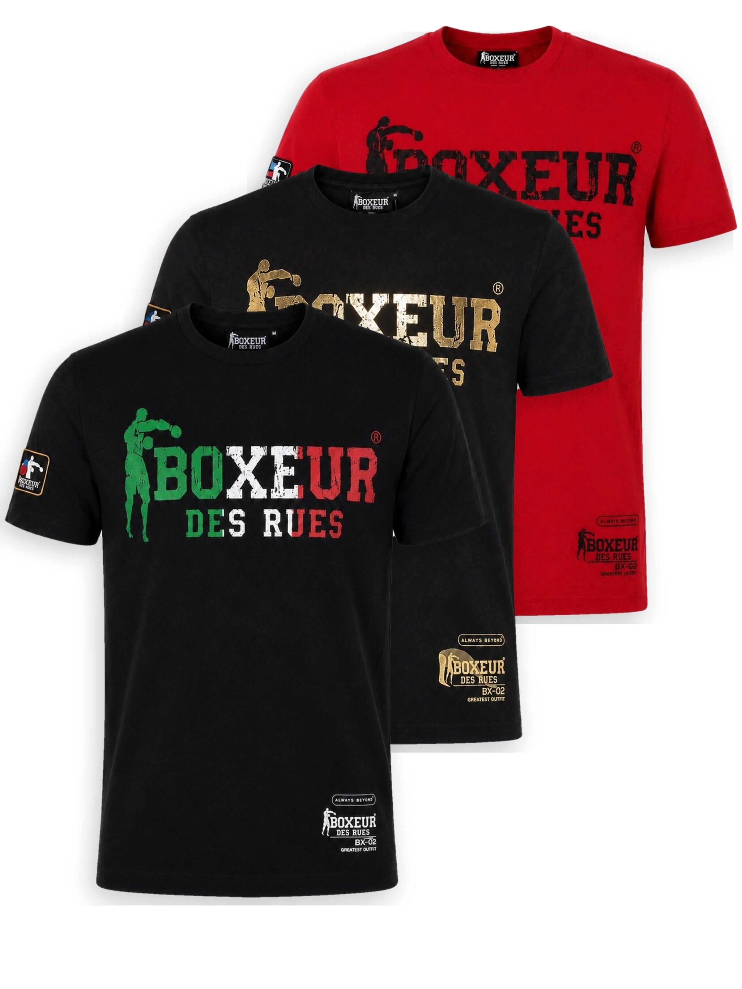 Boxeur des Rues Shirt 'Herren T-Shirt 3er-Pack Boxeur des Rues Slim Fit: Schwarz, Logo dreifarbig + Schwarz, Logo golden + Rot, Logo schwarz'‌‌‌‌‌‌‌‌‌ in M/Regular in mischfarben, Produktansicht