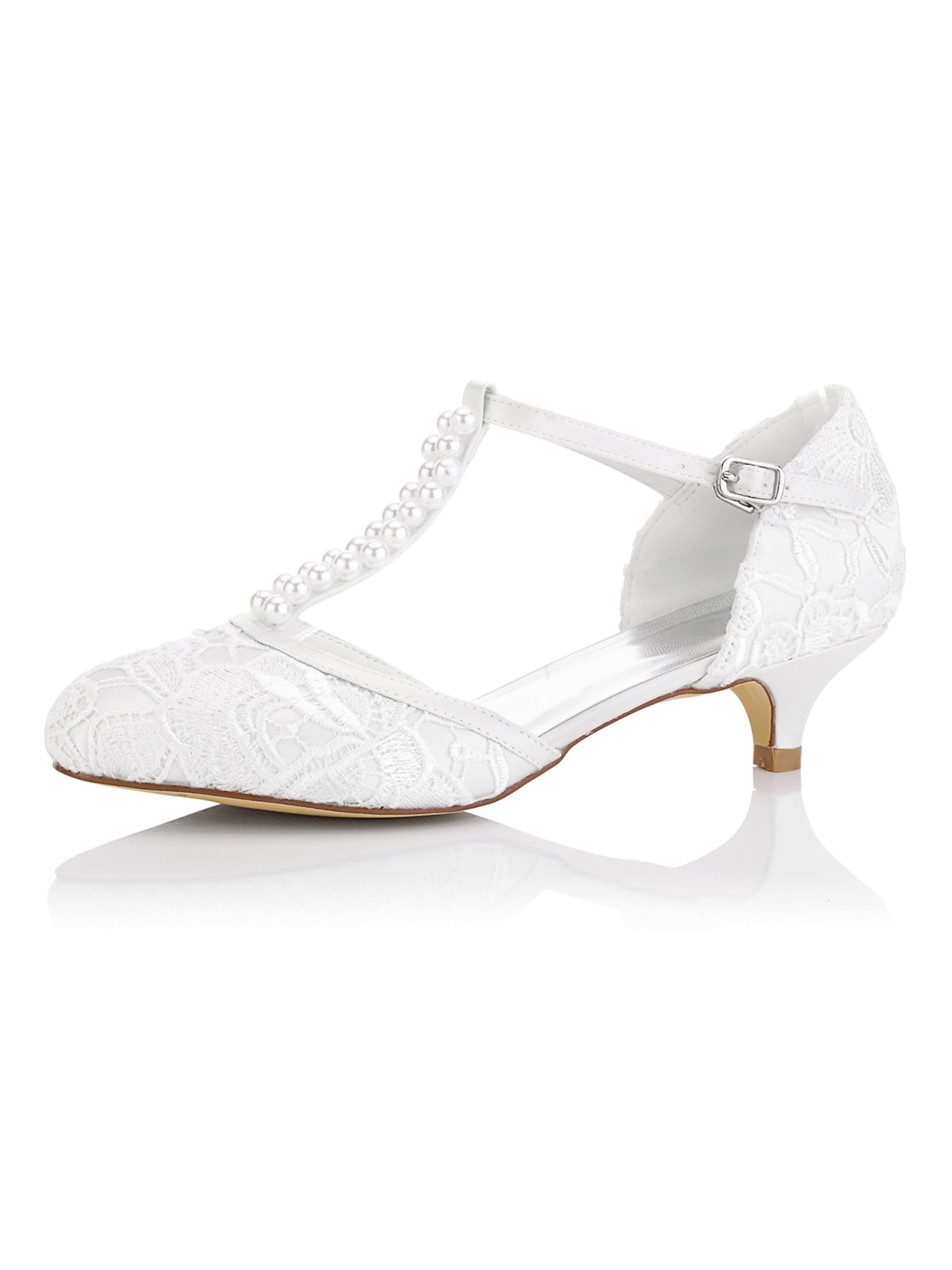 jiajia Pumps '011-29 Vintage T-Riemen Pumps für die Hochzeit - Spitze, Perlenverzierung, Bequemer niedriger Absatz' in Beige: front