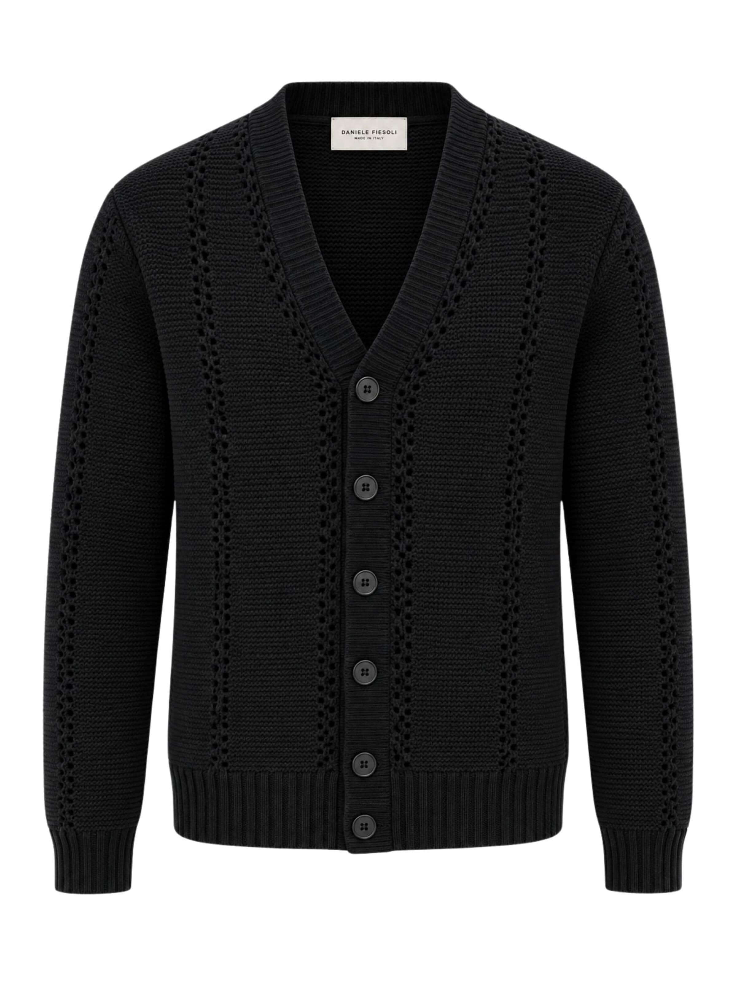 Daniele Fiesoli Knit Cardigan 'Pure Merino Wool Garter Stitch and Openwork Cardigan' in Black: front