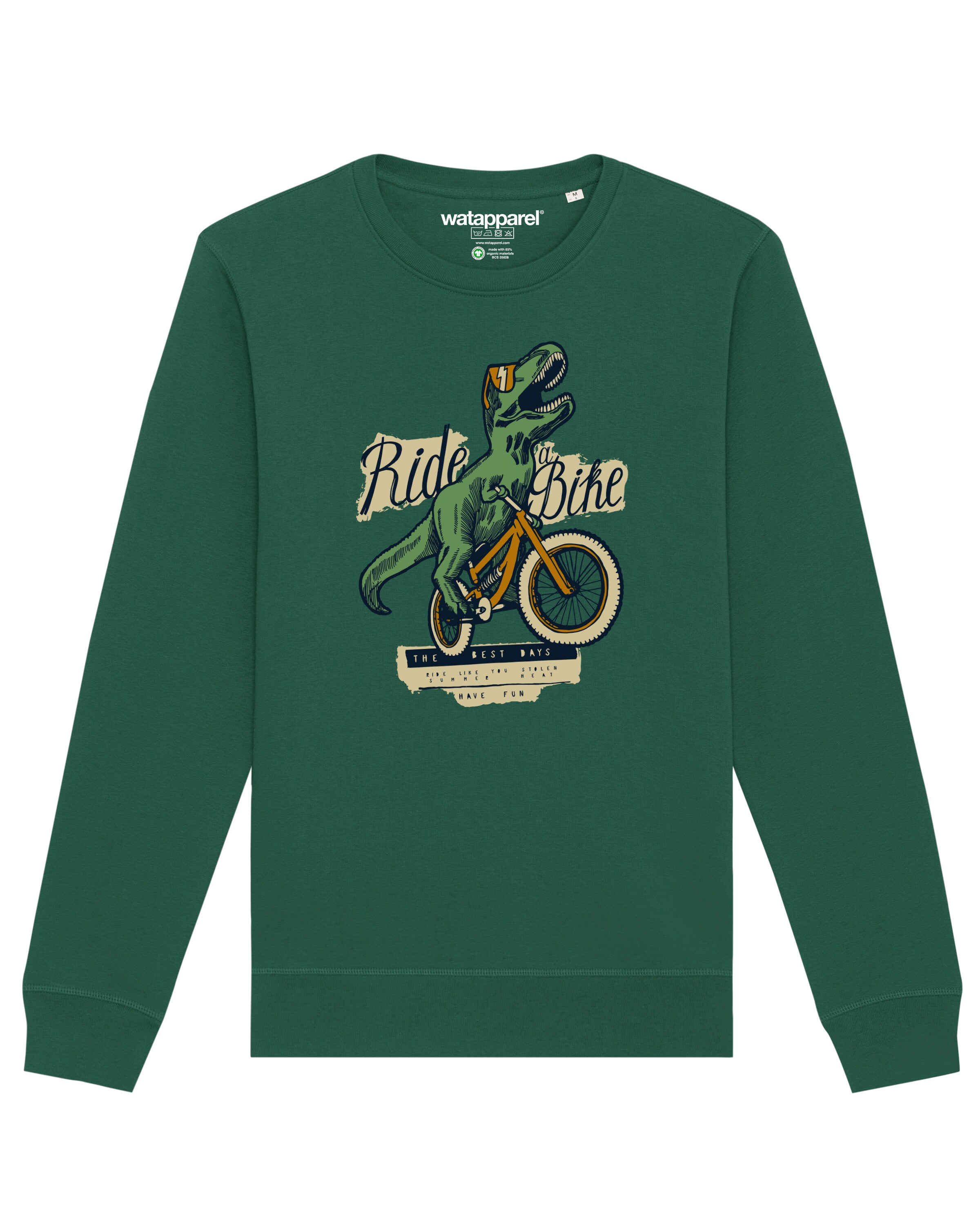 Watapparel Sweatshirt ' T-Rex Fahrrad ' in Groen: voorkant