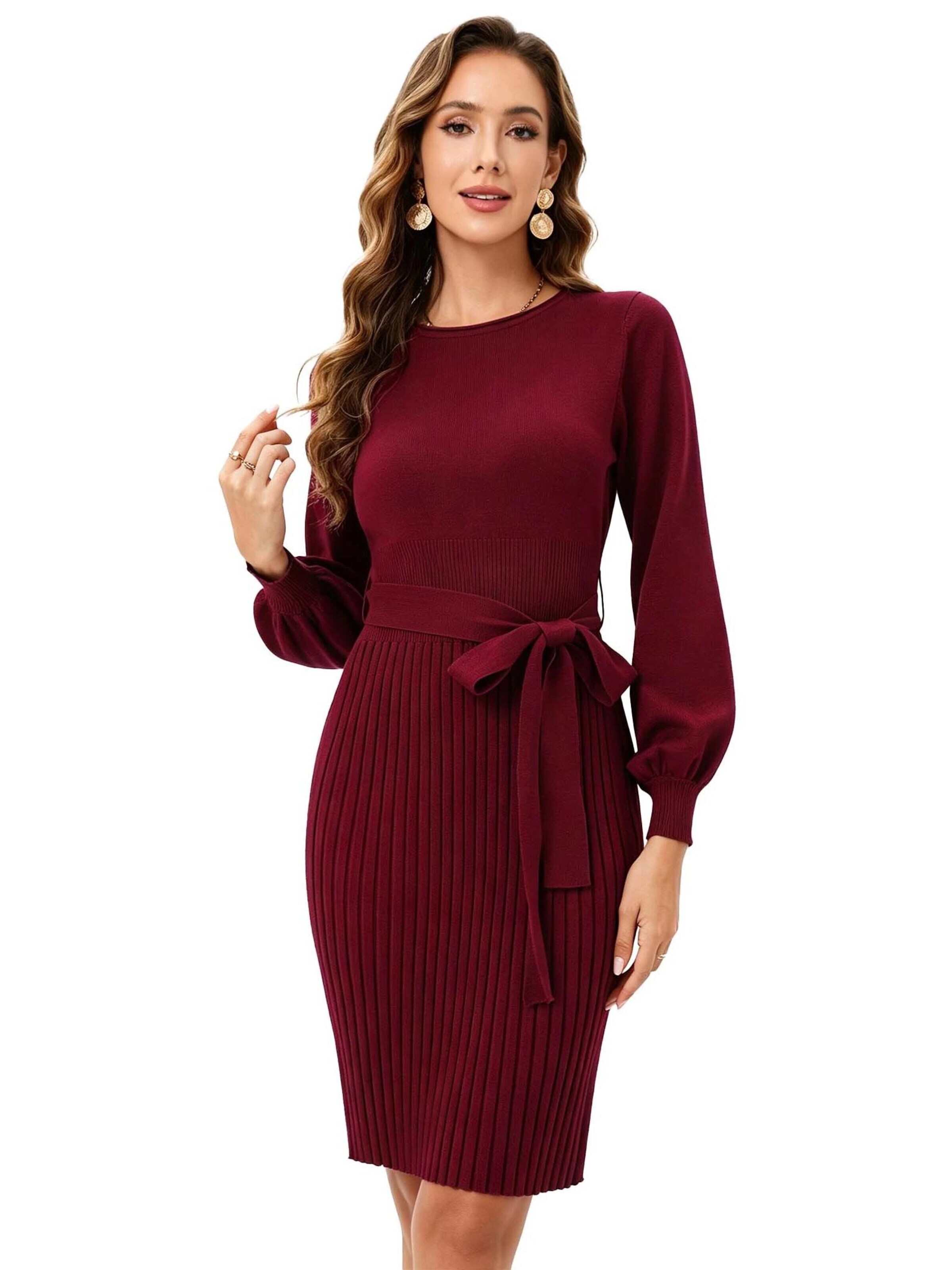 KoJooin Sukienka 'Damen-Strickkleid mit Rundhalsausschnitt, Bindegürtel, Plisseefalten und langen Ärmeln' w kolorze czerwony