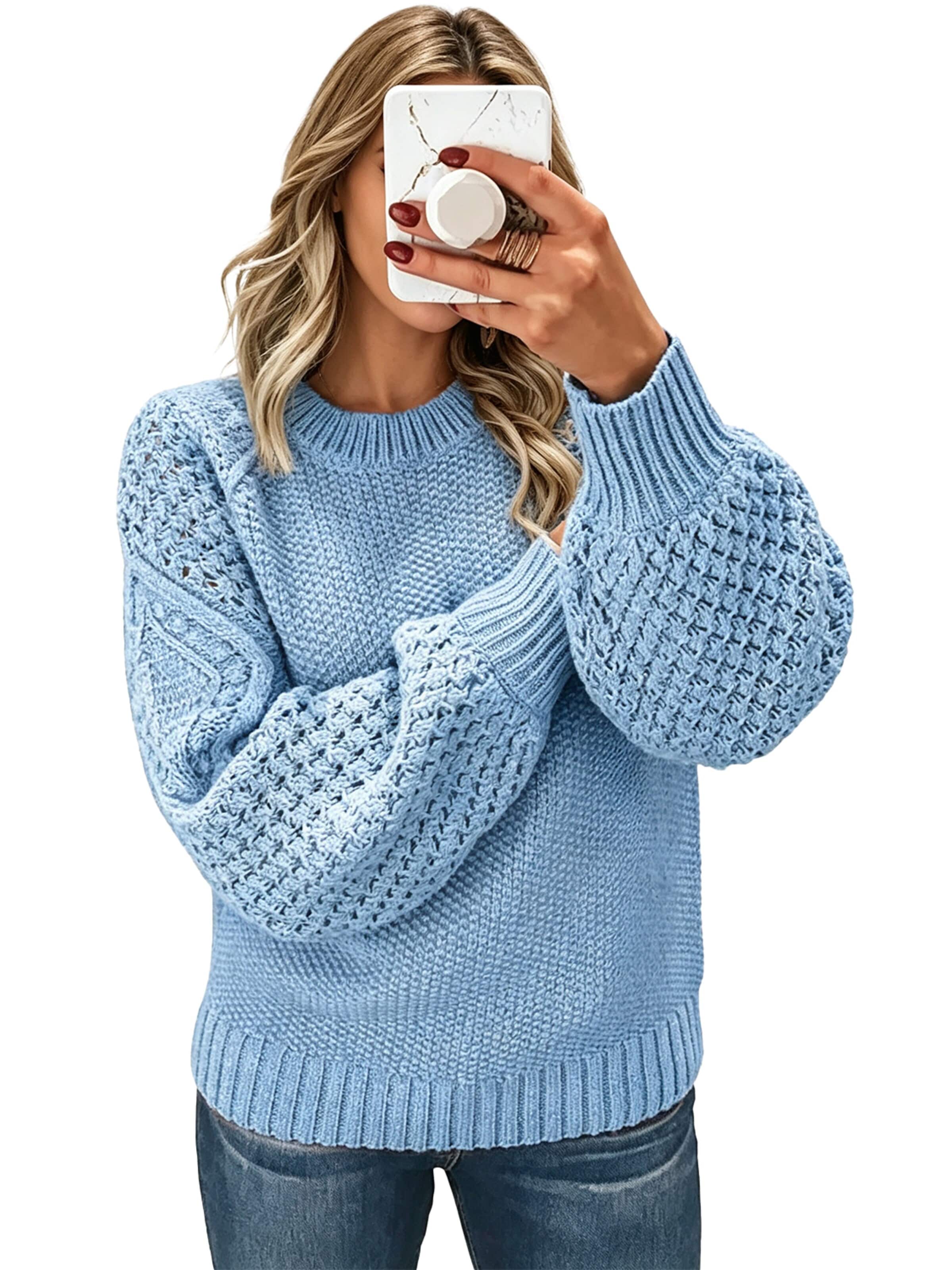 KoJooin Pullover 'Damen Pullover mit Rundhals und Zopfmuster – Kuscheliger, langärmeliger Strickpullover für Alltag'‌‌‌ in Blau