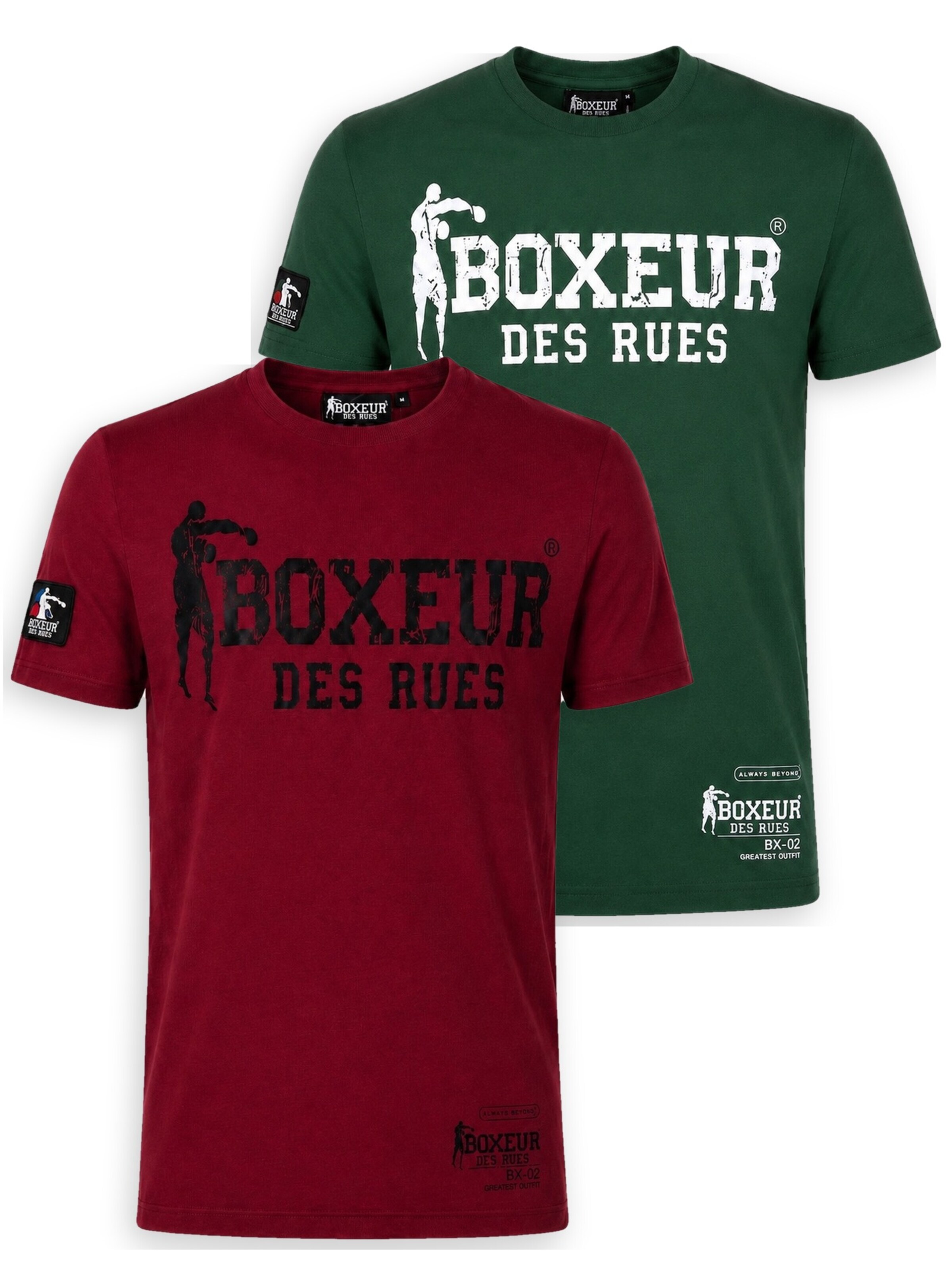 Boxeur des Rues - Camiseta 'Herren T-Shirt 2er-Pack Boxeur des Rues Slim Fit: Bordeaux, Schwarzes Logo + Dunkelgrün, Weißes Logo' en Mezcla de colores: frente