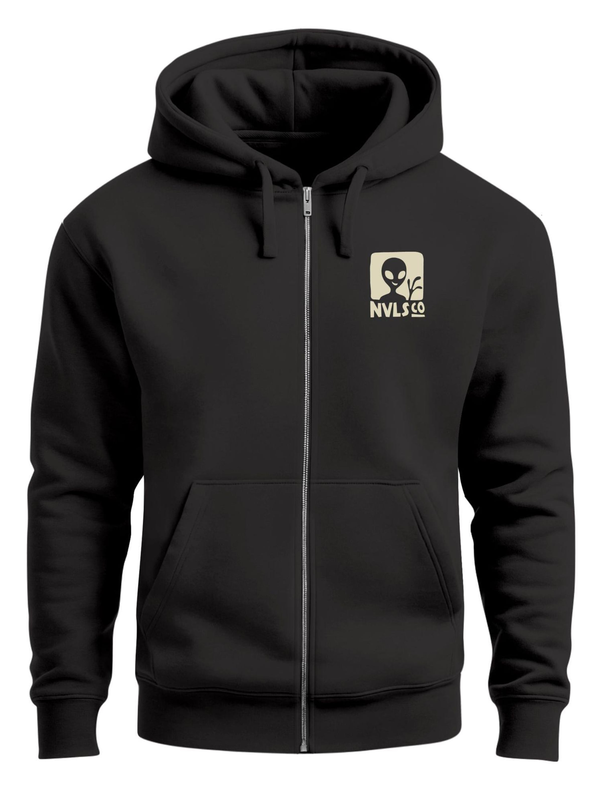 Neverless Zip-Up Hoodie 'Ufo Waschbär' in Black: front