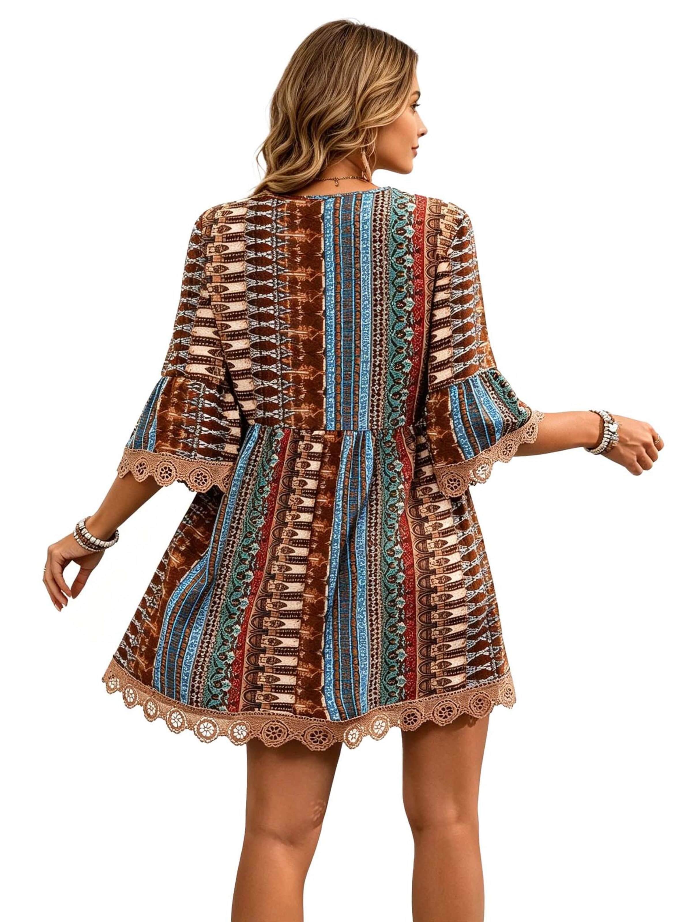 KoJooin Sukienka 'Bedrucktes Boho Damen mit V-Ausschnitt und halblangen Ärmeln – als Hochzeitsgast oder für Feiertage' w kolorze brązowy