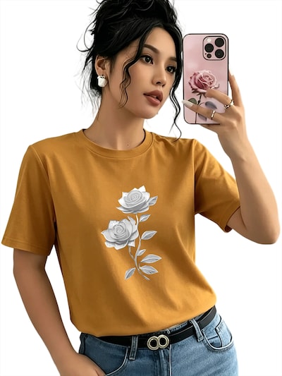 GORHEY T-shirt 'Women's Summer Casual Cotton T-Shirt with  Rose Print' en S/Regular en orange, Vue avec produit