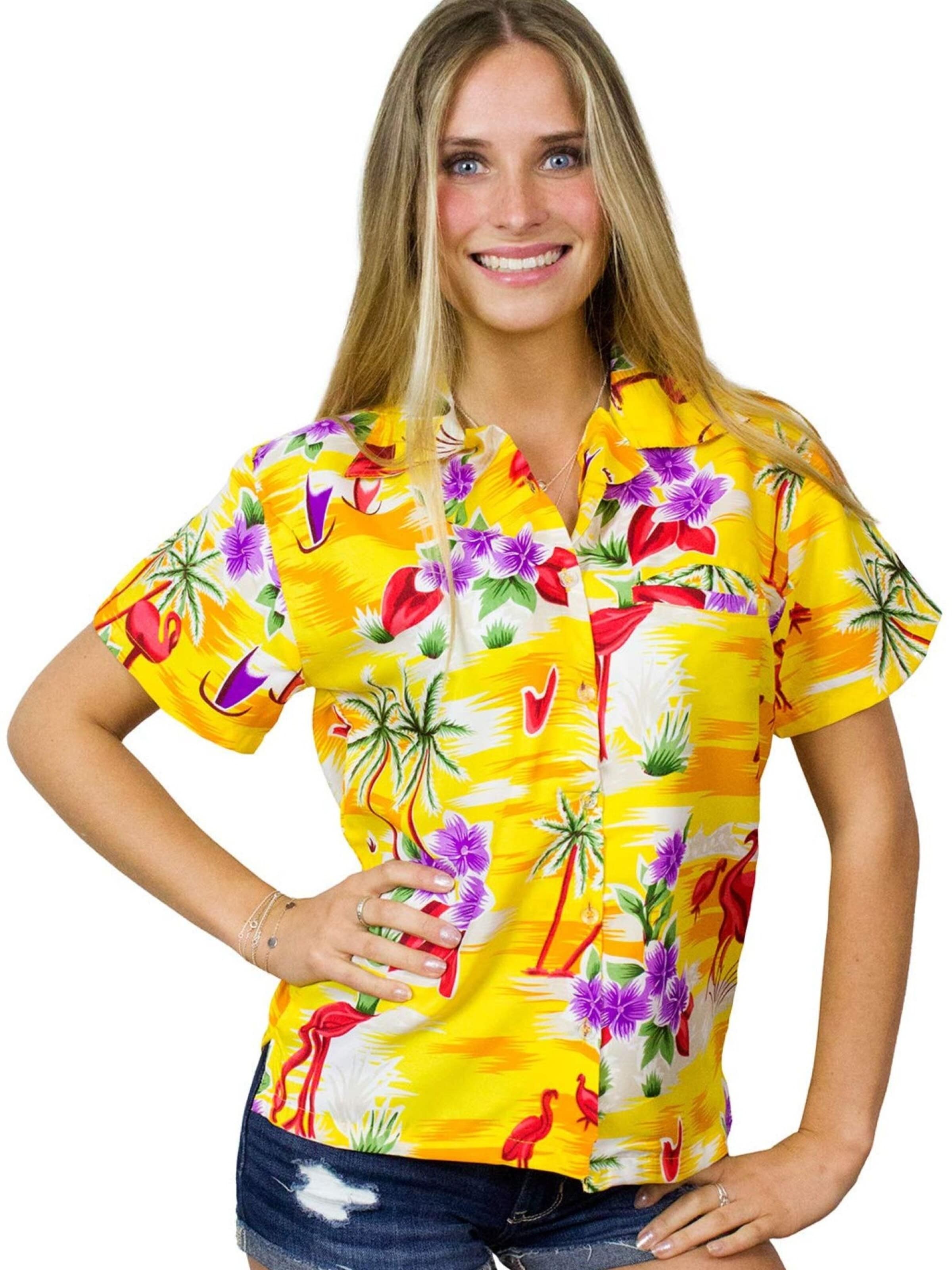 Camicia da donna 'Flamingos' di King Kameha in giallo: frontale