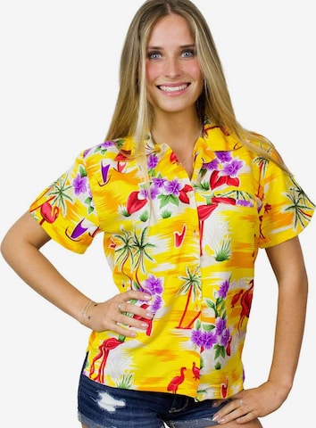 Camicia da donna 'Flamingos' di King Kameha in giallo: frontale
