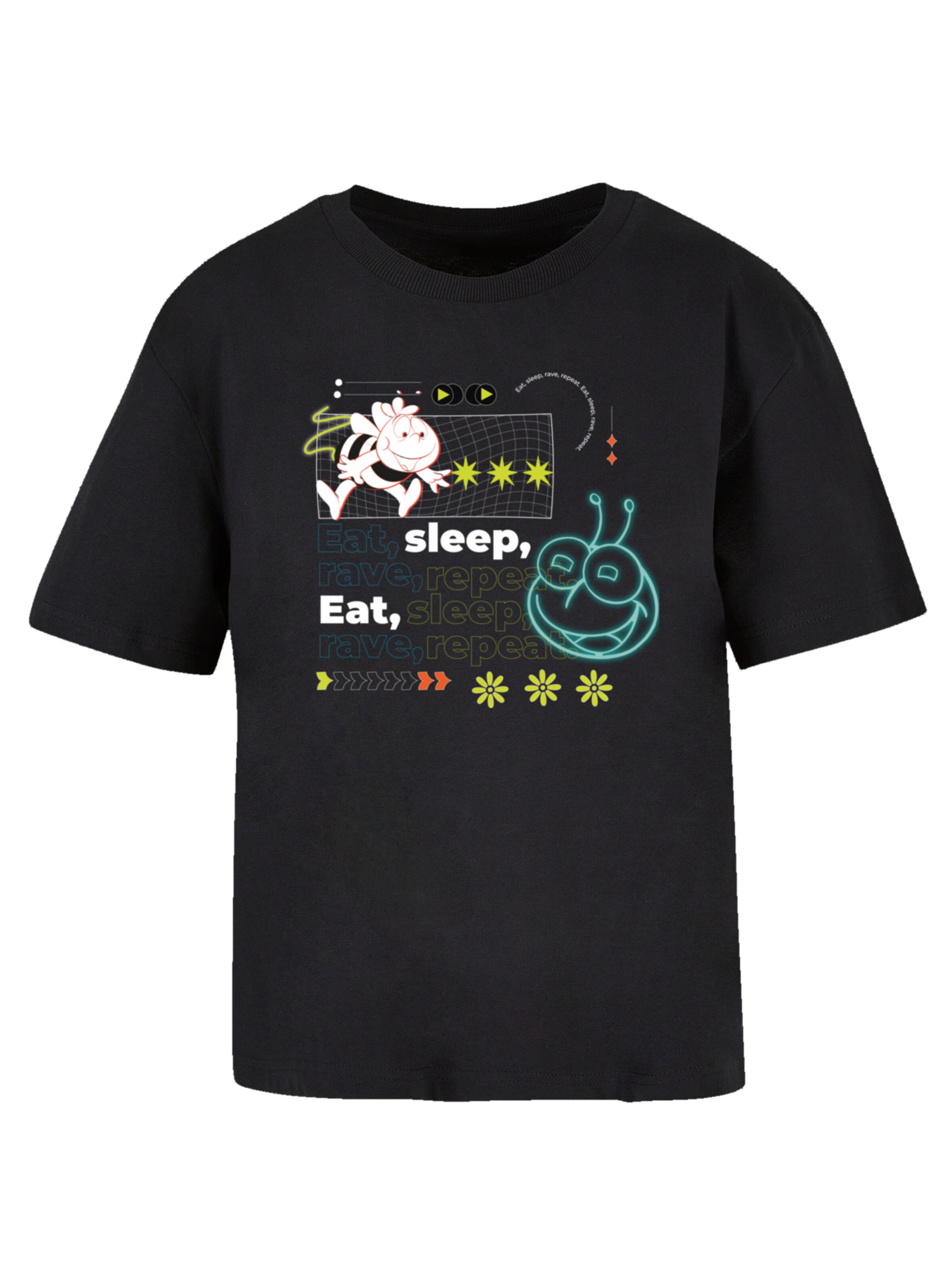 F4NT4STIC Shirt 'Heroes of Childhood Die Biene Maja Eat Sleep Rave Repeat' in Black: front