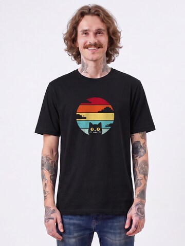 Watapparel Shirt ' Retro Sunset Cat ' in Zwart: voorkant