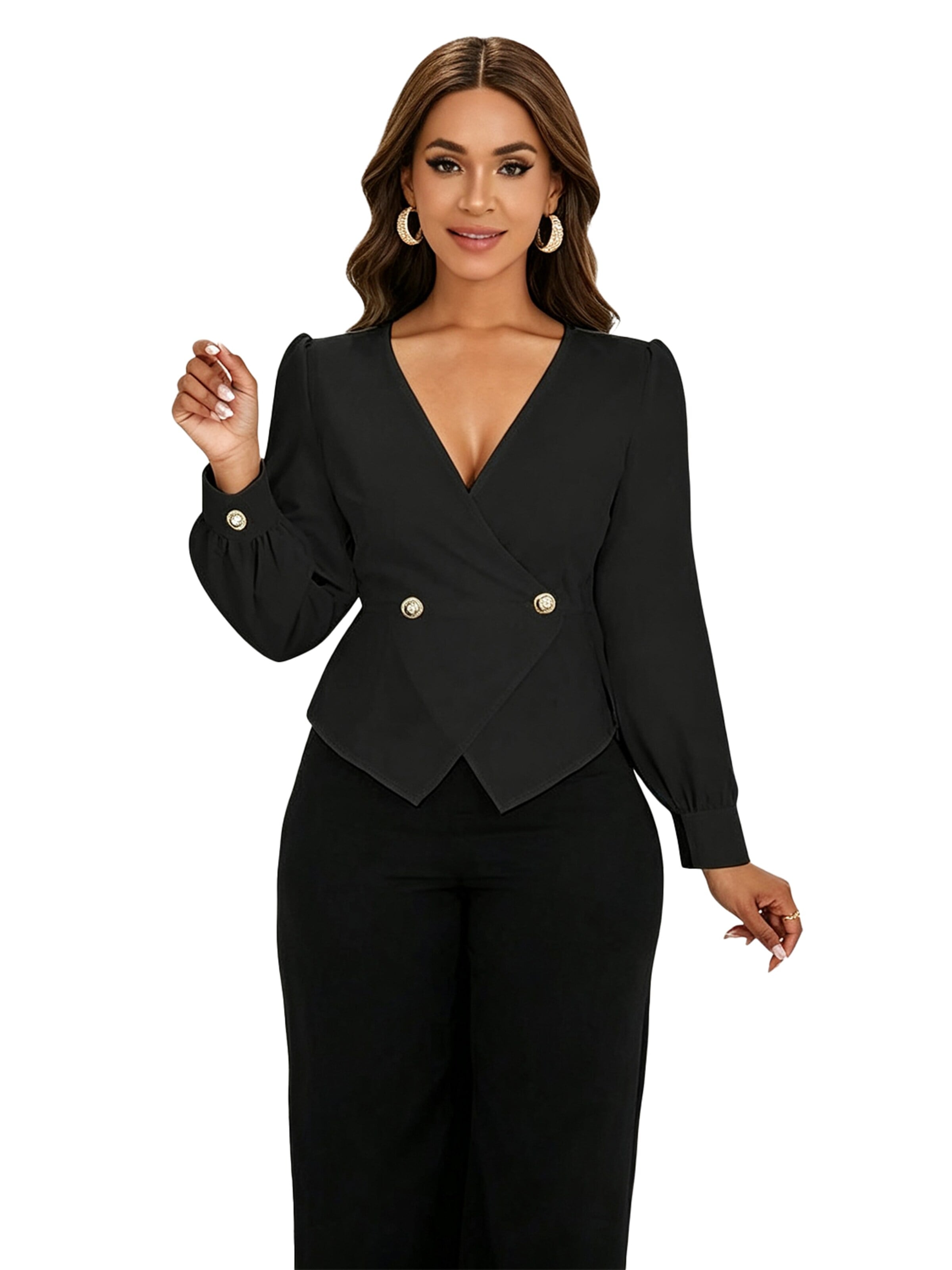 KoJooin Marynarka 'Damen Eleganter V-Ausschnitt Blazer – Figurbetonte Langarm-Schnittjacke für Stilvolles Business' w kolorze czarny: przód