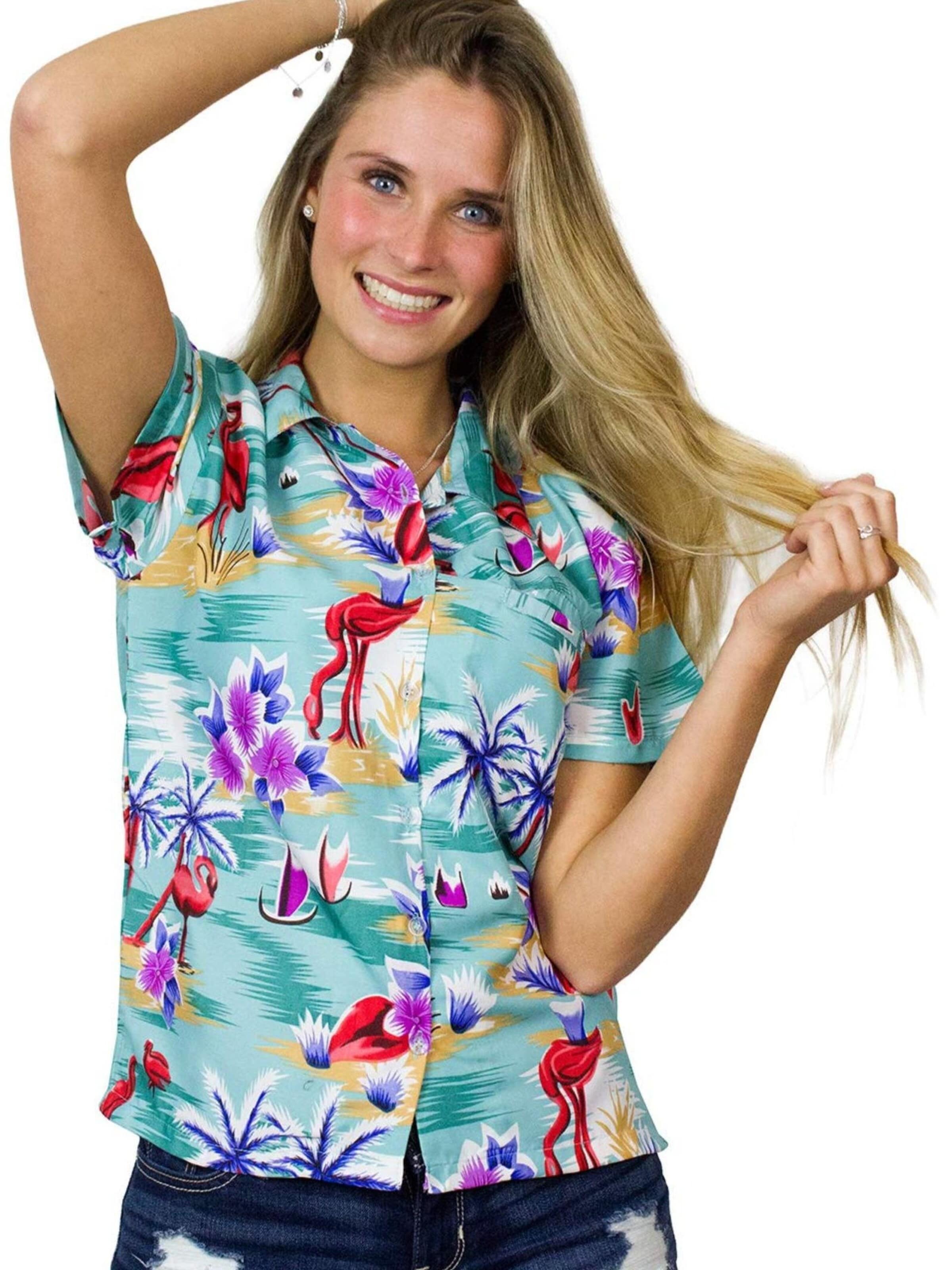 Camicia da donna 'Flamingos' di King Kameha in verde: frontale