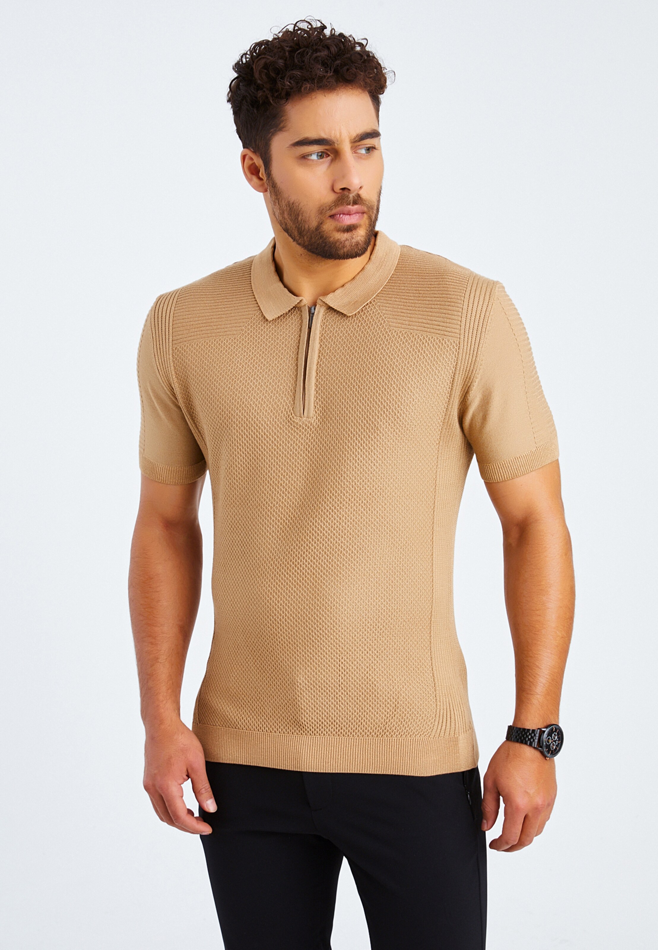 Männer Shirts Leif Nelson T-Shirt Feinstrick Polo in Braun - IK53166