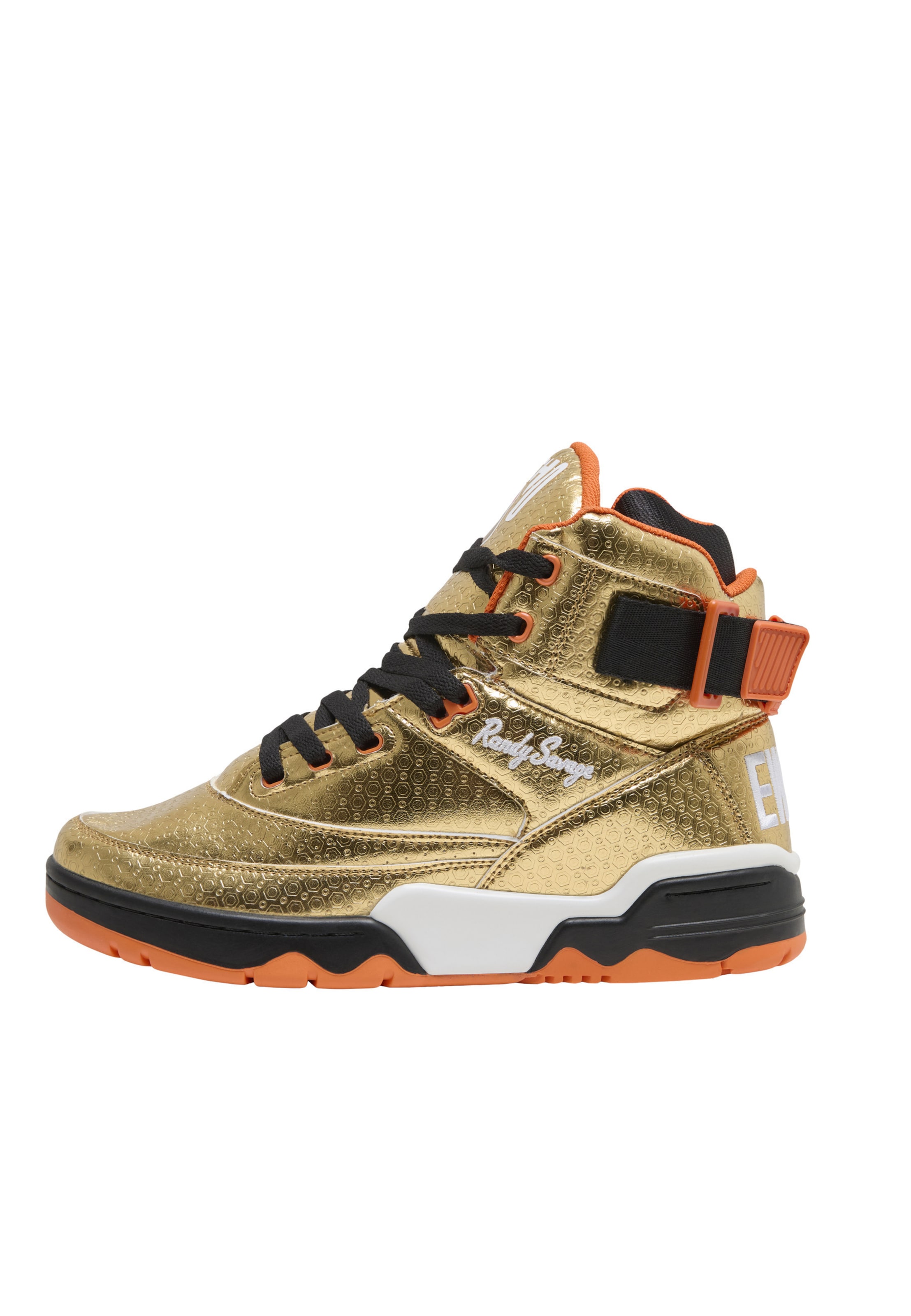 Sneaker alta 'Focus X Macho Man Randy Savage' di Ewing in oro: frontale