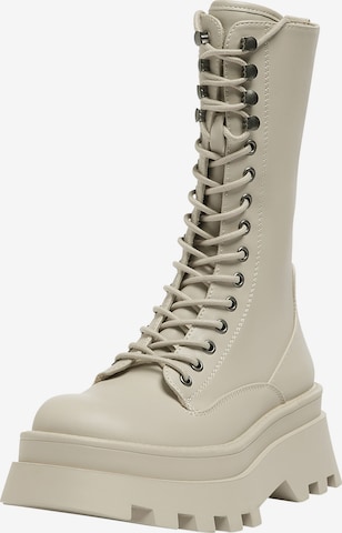 Pull&Bear Lace-Up Boots in Beige: front