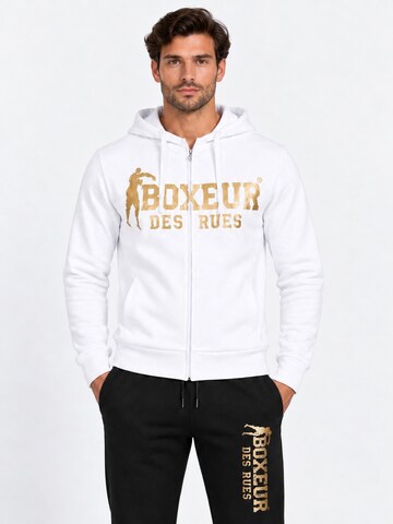 Boxeur des Rues Hausanzug 'Herren Set Boxeur des Rues: Fitted Hoodie mit Reißverschluss Weiß + Jogginghose Schwarz, Goldenes vertikales Logo'‌‌‌‌ in Mischfarben