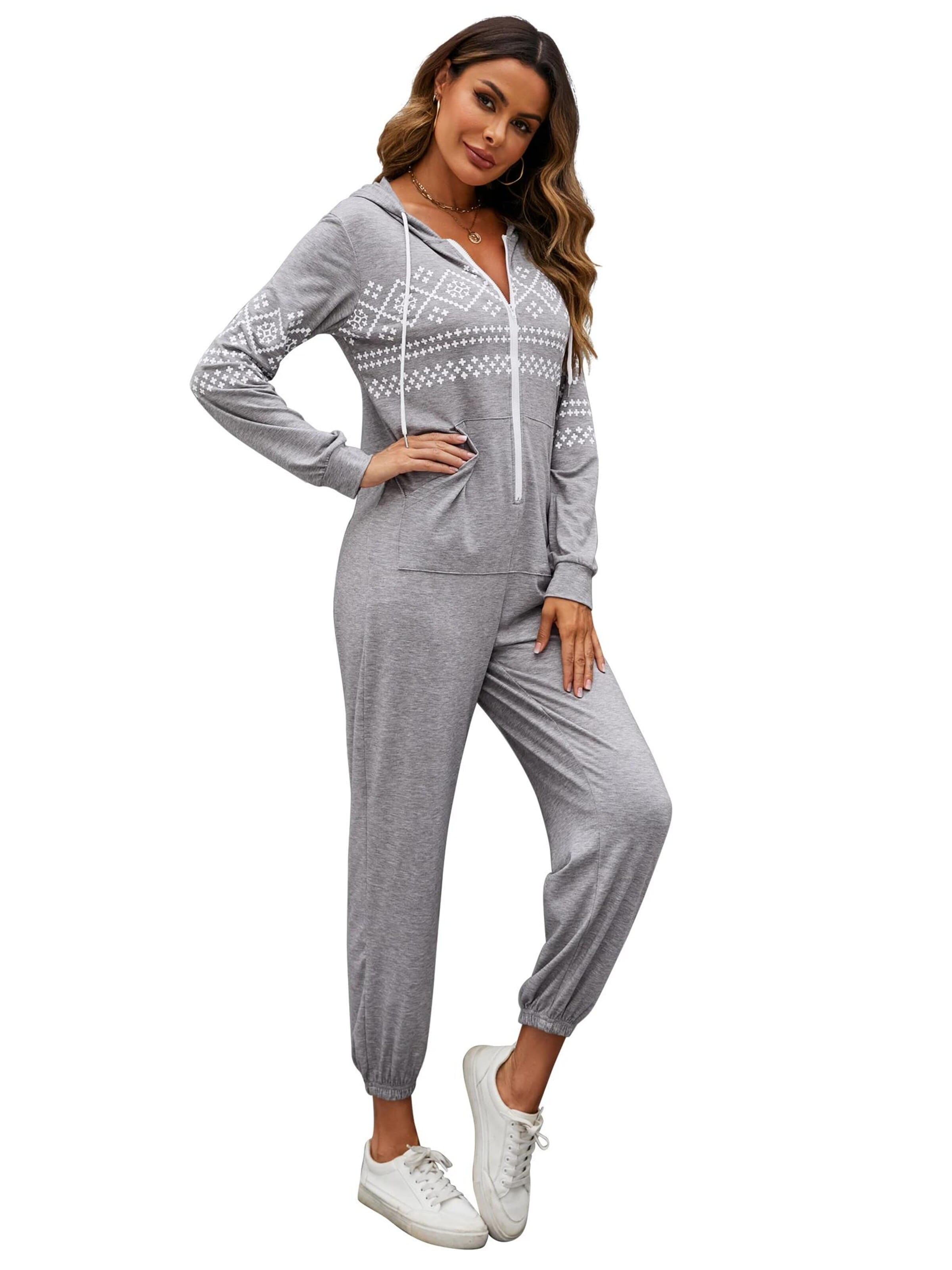KoJooin Kombinezon 'Damen Overall mit Print, Kapuze, Kordelzug, langen Ärmeln und Taschen Bequemer Freizeit Jumpsuit' w kolorze szary: przód
