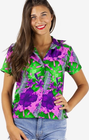 King Kameha Bluse 'Green Purple Flower' in Pink: Vorderseite