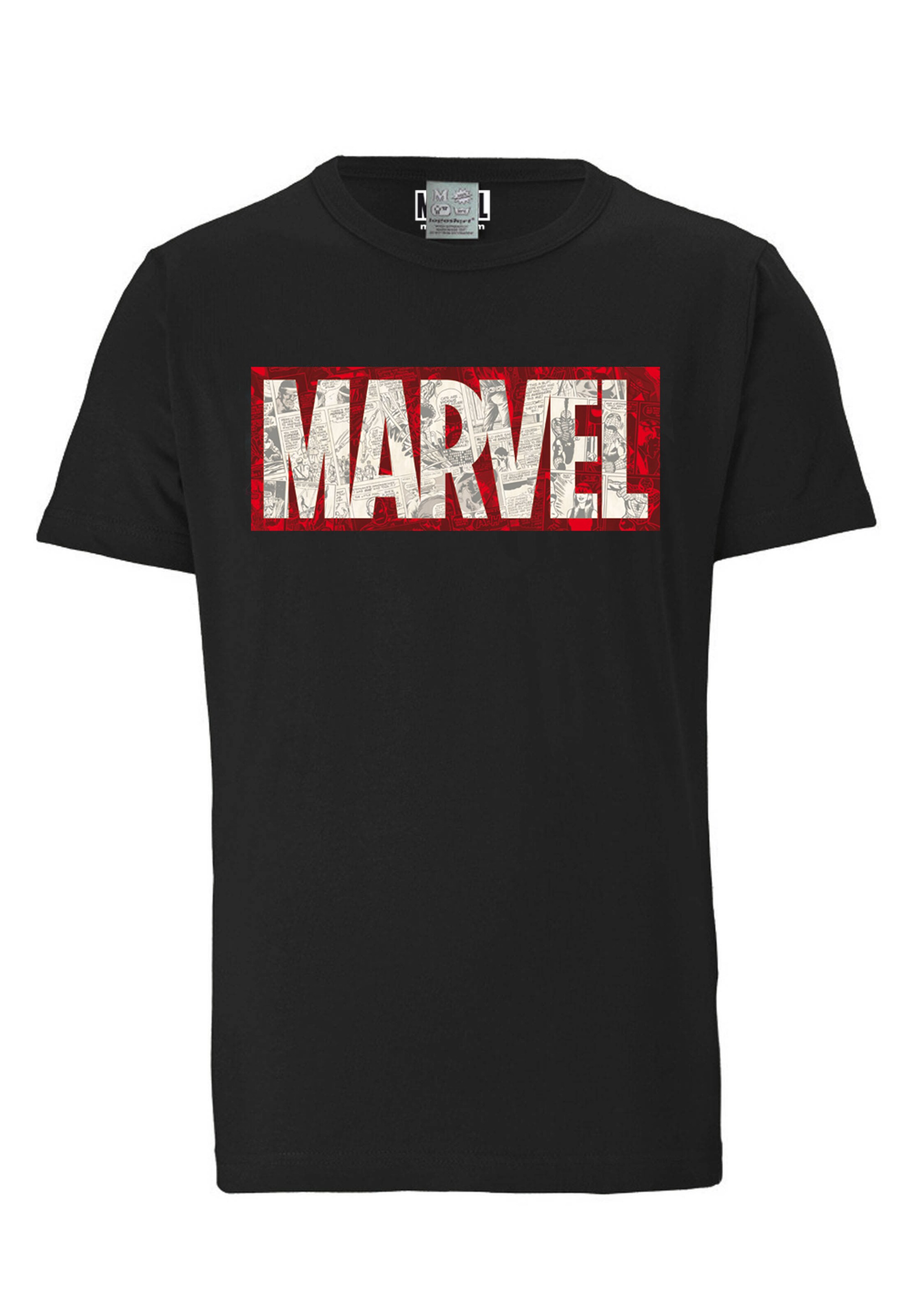LOGOSHIRT T-Shirt 'Marvel Comic Block Logo' in Schwarz: Vorderseite