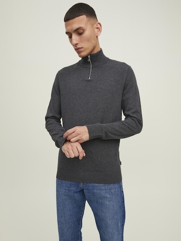 JACK & JONES Trui 'JJEEMIL KNIT HALF ZIP' in Grijs: voorkant