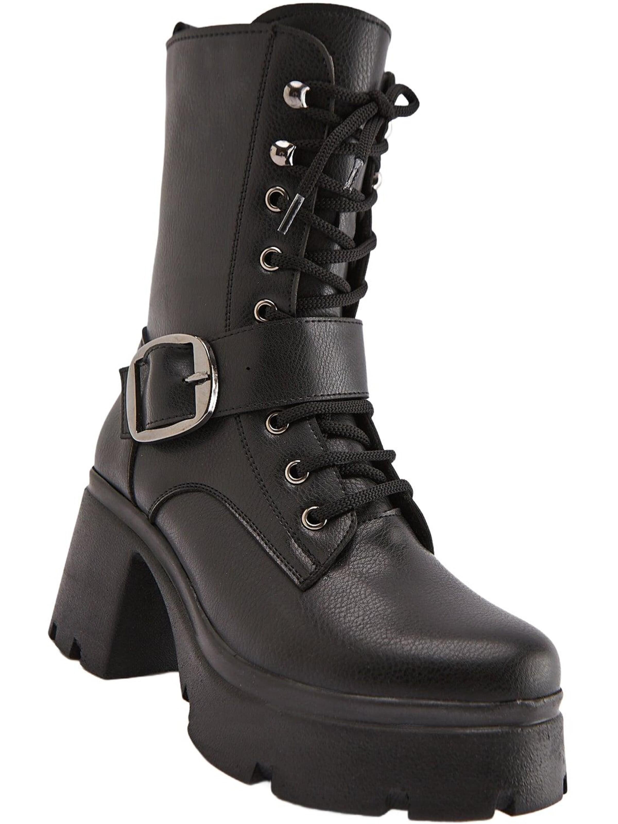 Limoya Lace-Up Ankle Boots 'Limoya Caklin Damen-Plateau-Stiefel mit Gürteldetail' in Black: front