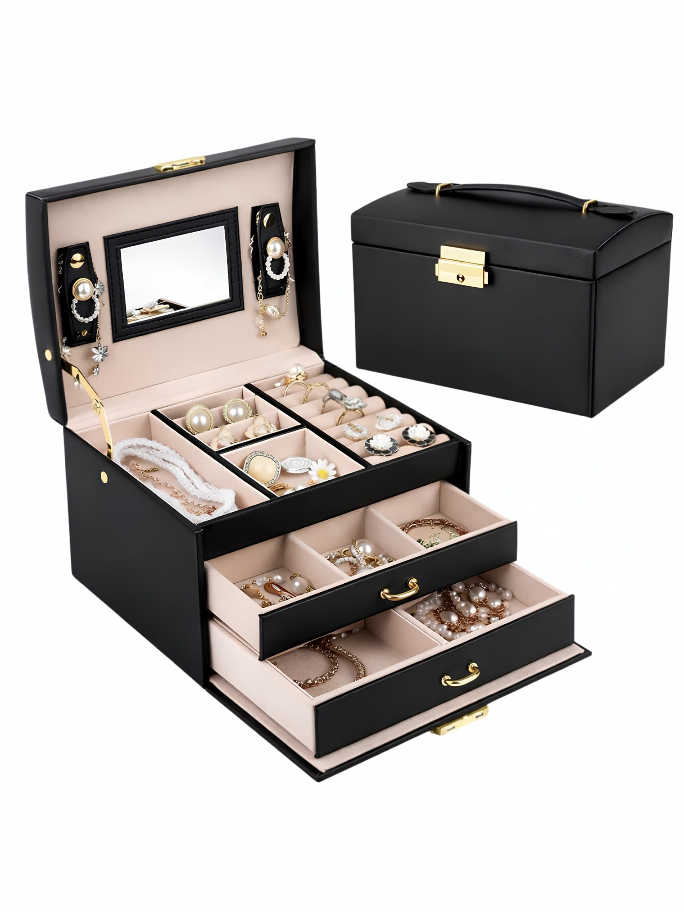 UNIQ Beauty Skladovanie šperkov 'Nellia Jewellery Box – Lockable Organiser with Mirror & 2 Drawers (Black)' - Čierna