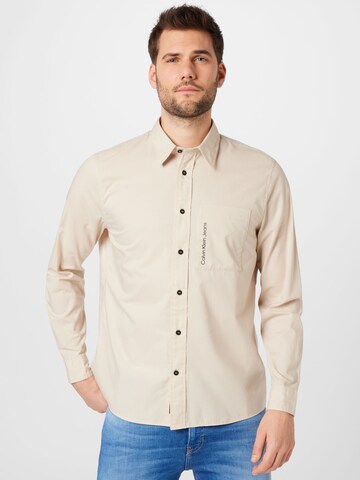 Calvin Klein Jeans Regular fit Button Up Shirt 'Vertical Institutional' in Beige: front
