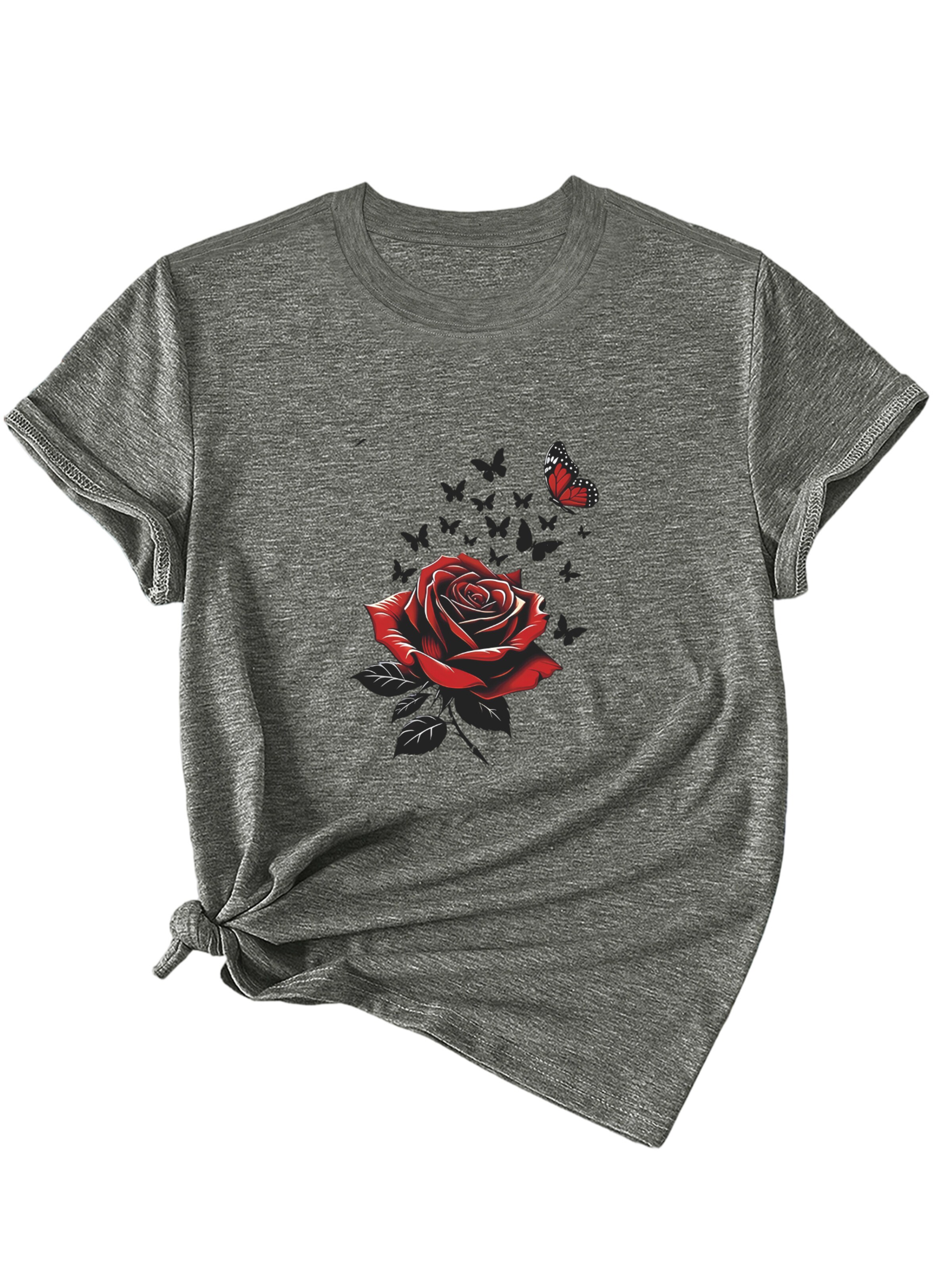 GORHEY T-shirt 'Women's Summer Short-Sleeve Shirt with Rose Print Tees' en S/Regular en gris, Vue avec produit