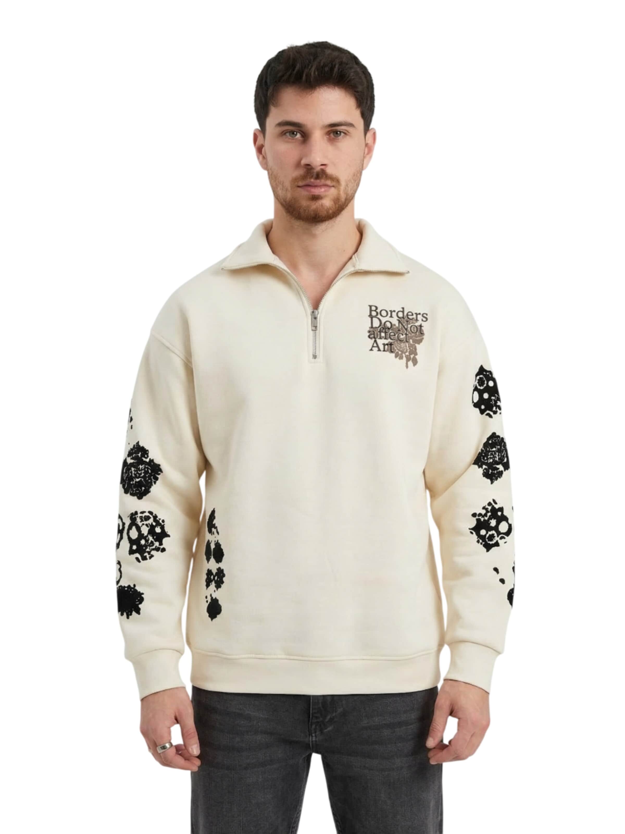 Sweat-shirt 'Oversize Half-Zip Graphic Sweatshirt - Beige' Kleidermafia en beige : devant