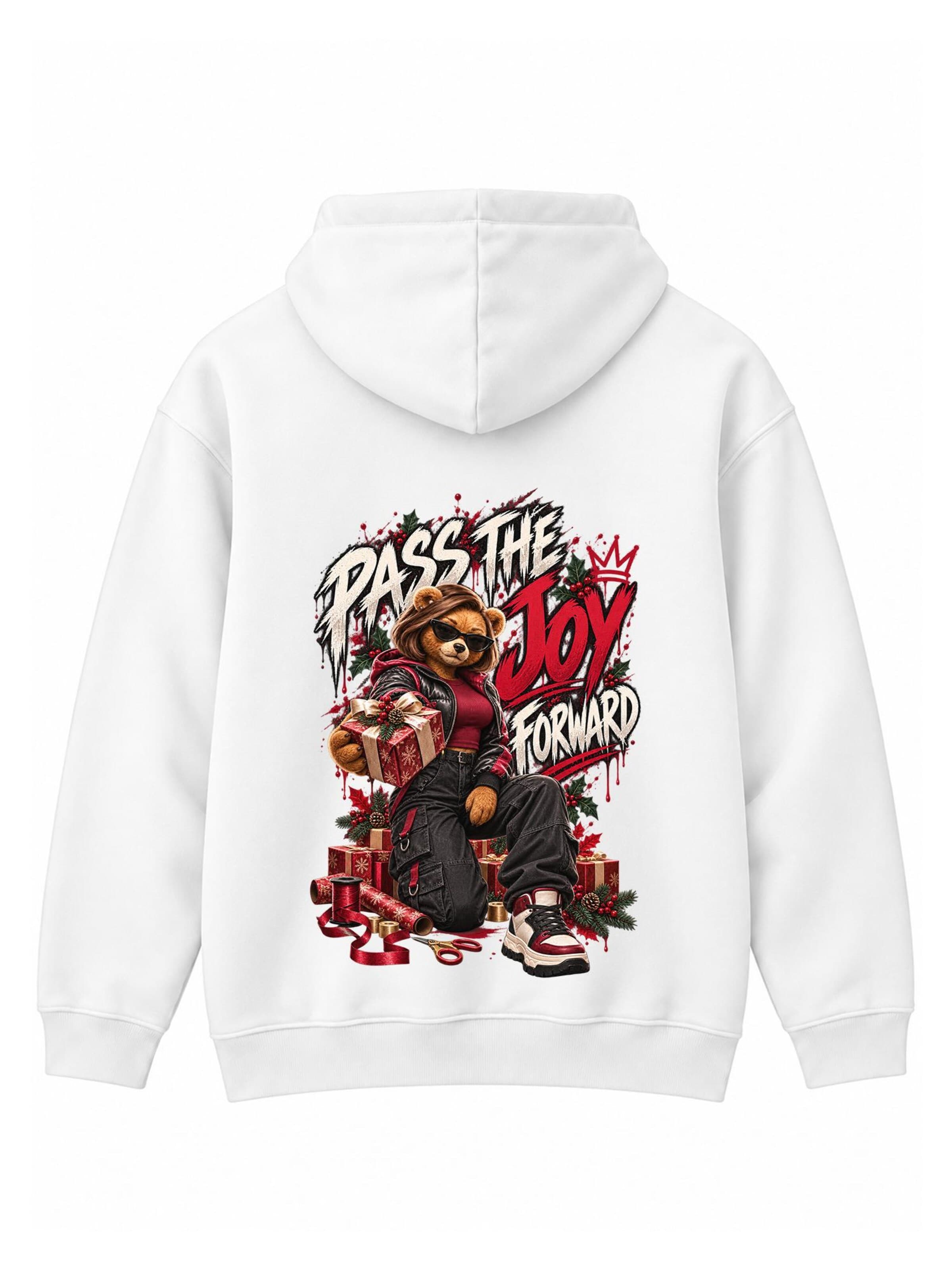 LUNØIR StudioSweater majica 'BOSS Femme Christmas Gift of Joy' - bijela boja: prednji dio