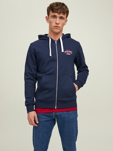 JACK & JONES Zip-Up Hoodie 'STAMP' in Blue: front