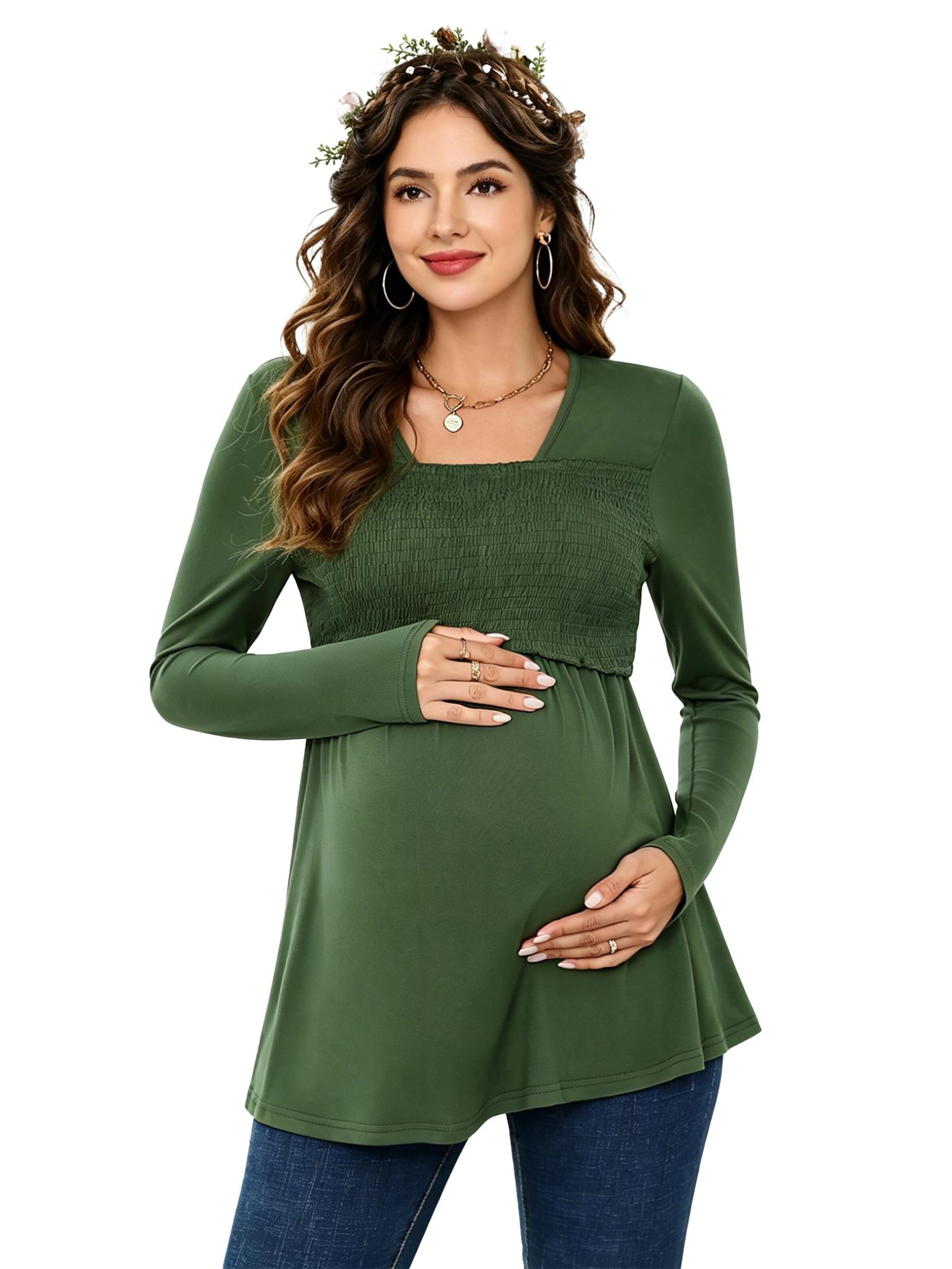 KoJooin Blouse 'Umstands-Tops für Damen,langärmelig,eckiger Ausschnitt,Tunika-Top,Freizeit-T-Shirts für Schwangere' in Green: front