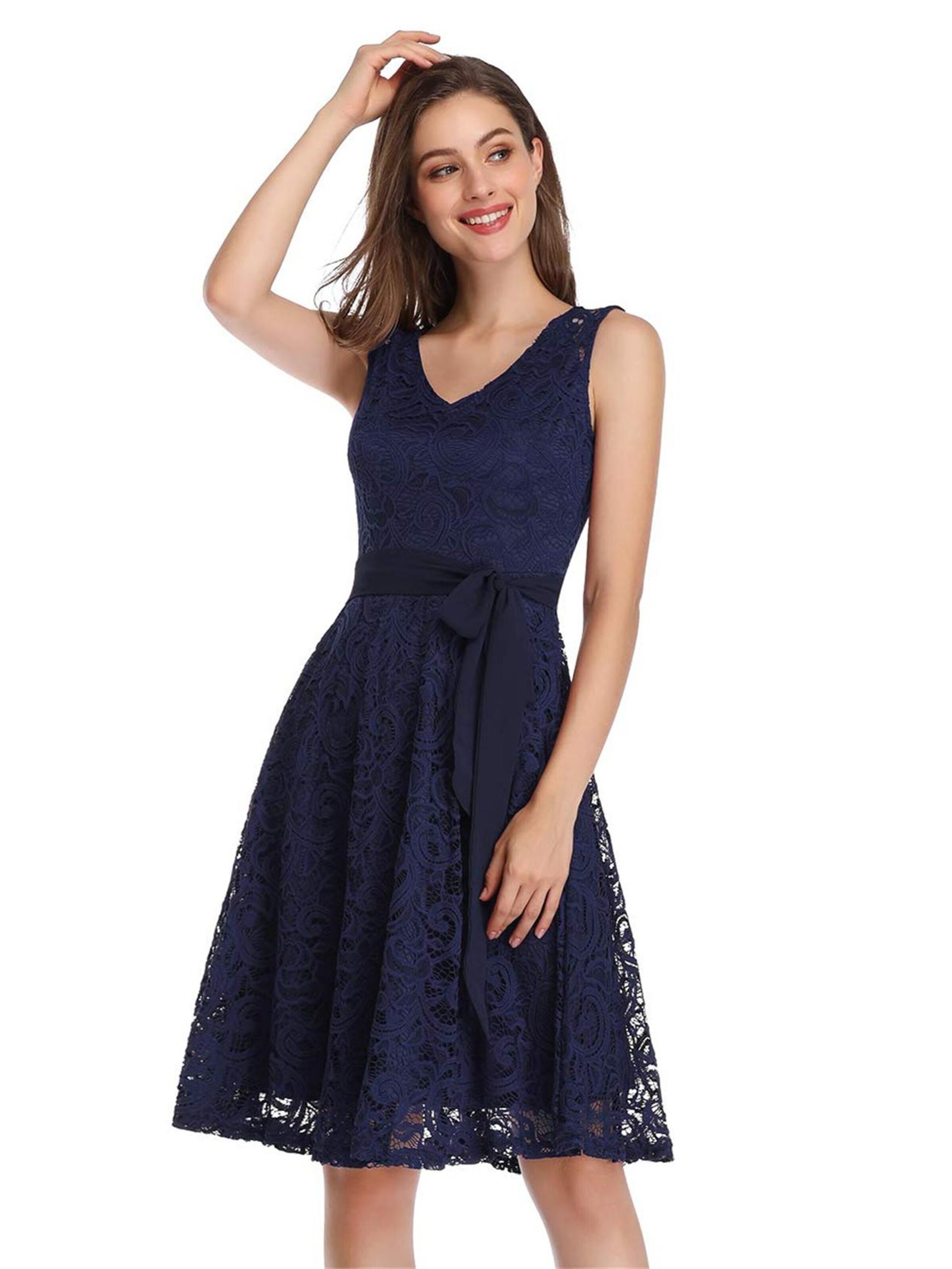 KoJooin Kleid 'Damen-Brautjungfernkleid mit floraler Spitze – Kurzes Party- & Abschlussballkleid mit V-Ausschnitt''‌‌‌ in Blau