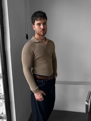 Kleidermafia Pullover 'Slim Fit Knit Zipper Polo Sweater - Camel'‌‌‌‌‌ in Beige